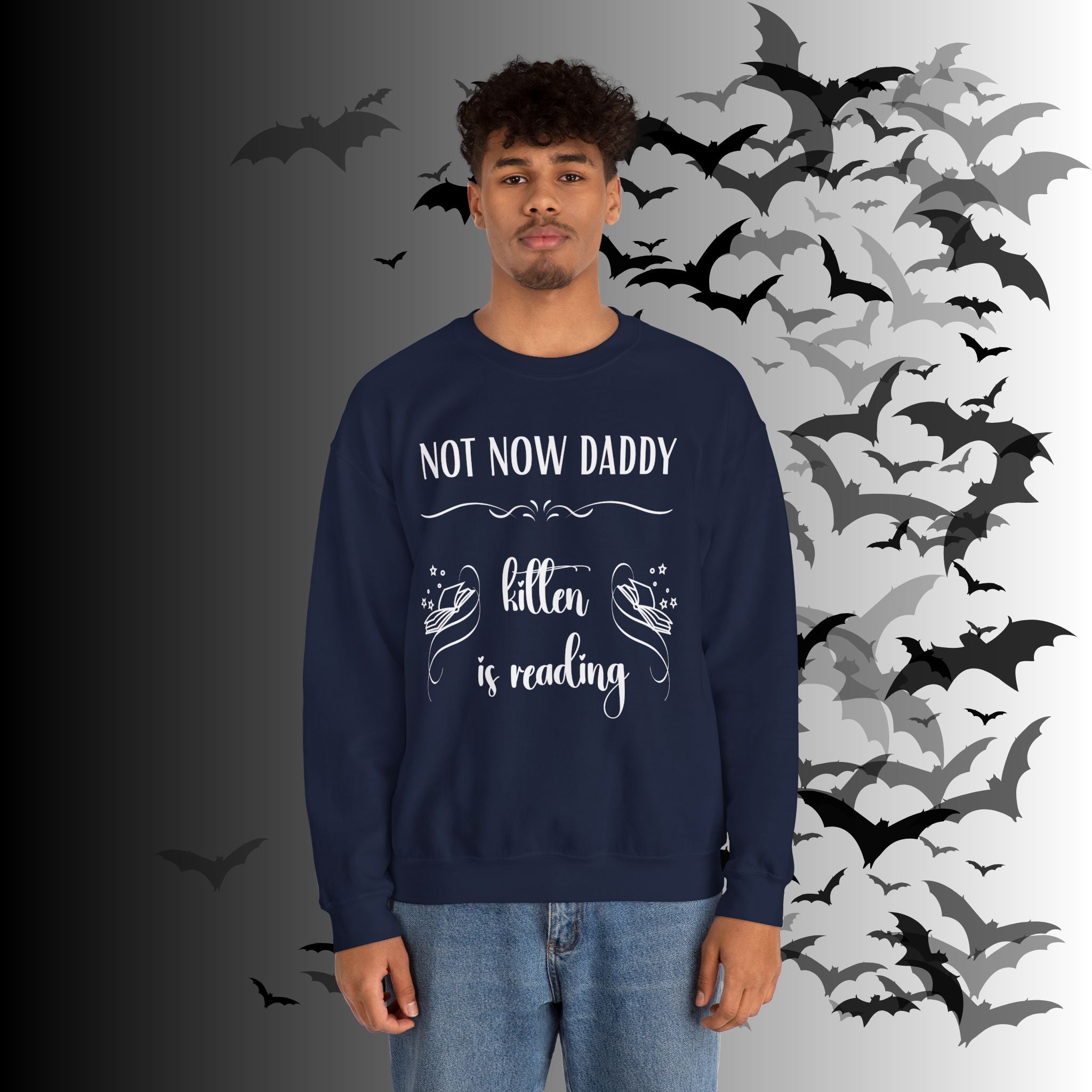 Not Now Daddy Kitten Is Reading Crewneck Sweatshirt — Funny Book Lover