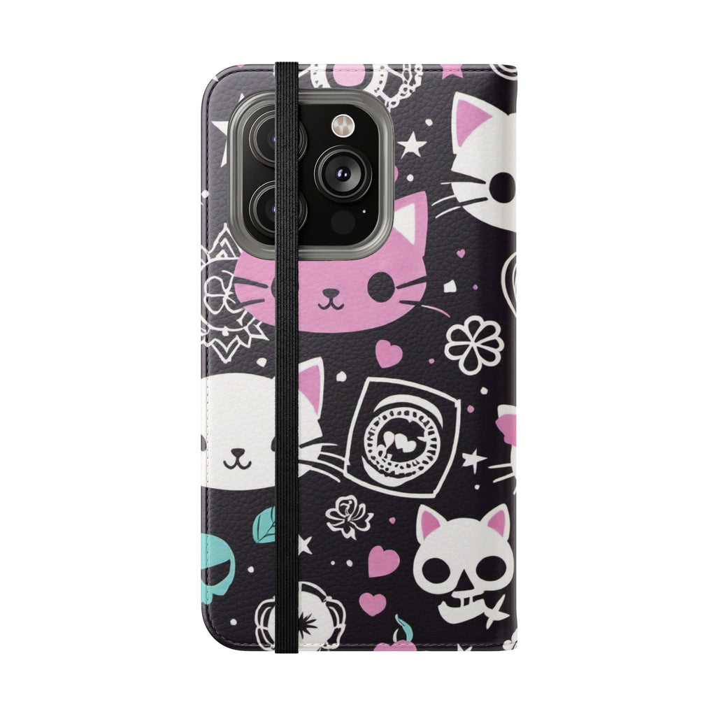 Pastel Goth Cat Flip Wallet Phone Case - Goth Cat Wallet Case for Samsung iPhone - Gothic Style Cats Wallet Phone Cases