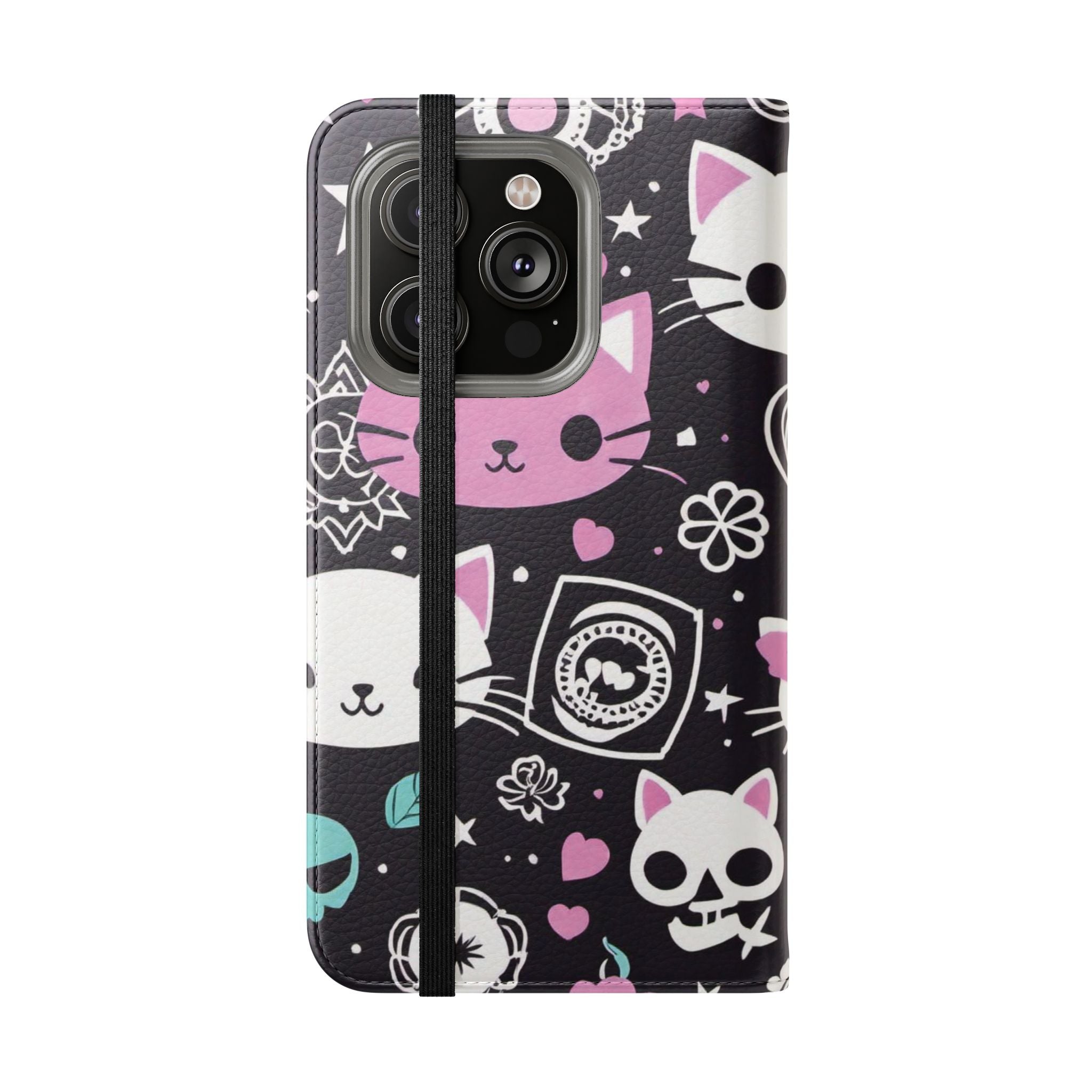 Pastel Goth Cat Flip Wallet Phone Case - Goth Cat Wallet Case for Samsung iPhone - Gothic Style Cats Wallet Phone Cases