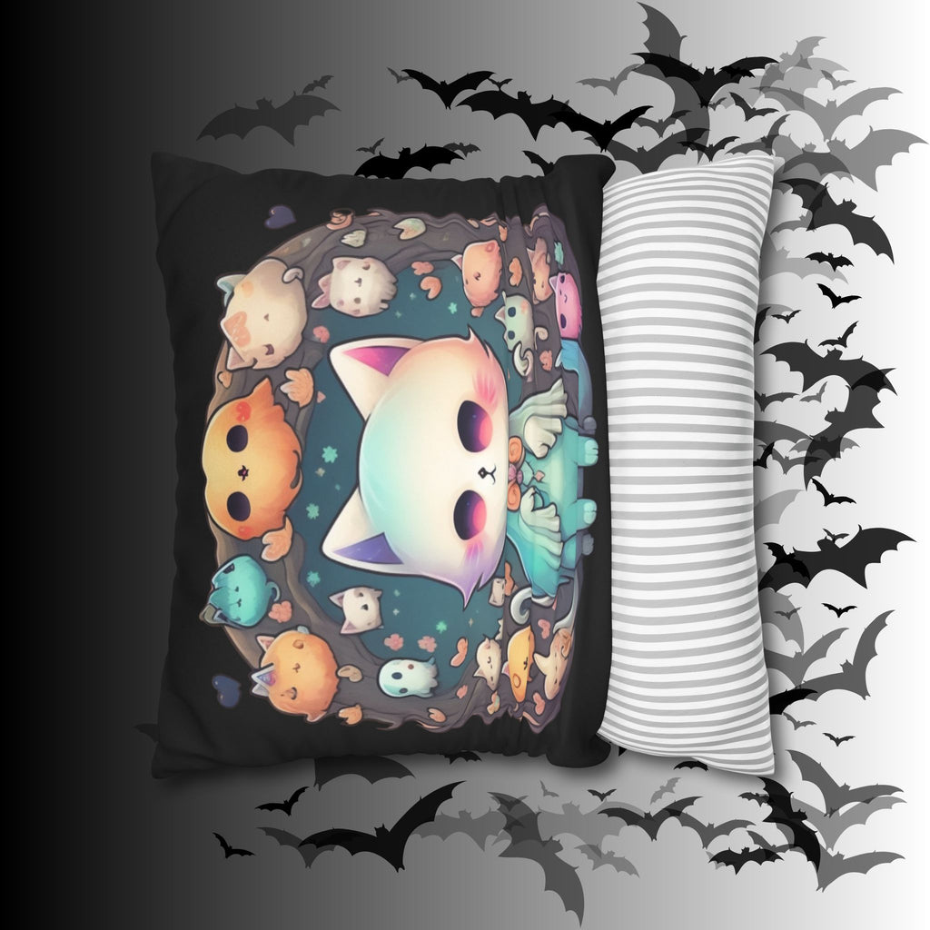 Creepy Cute Kawaii Ghost Cat Throw Pillow — Pastel Goth Dark Home Decor