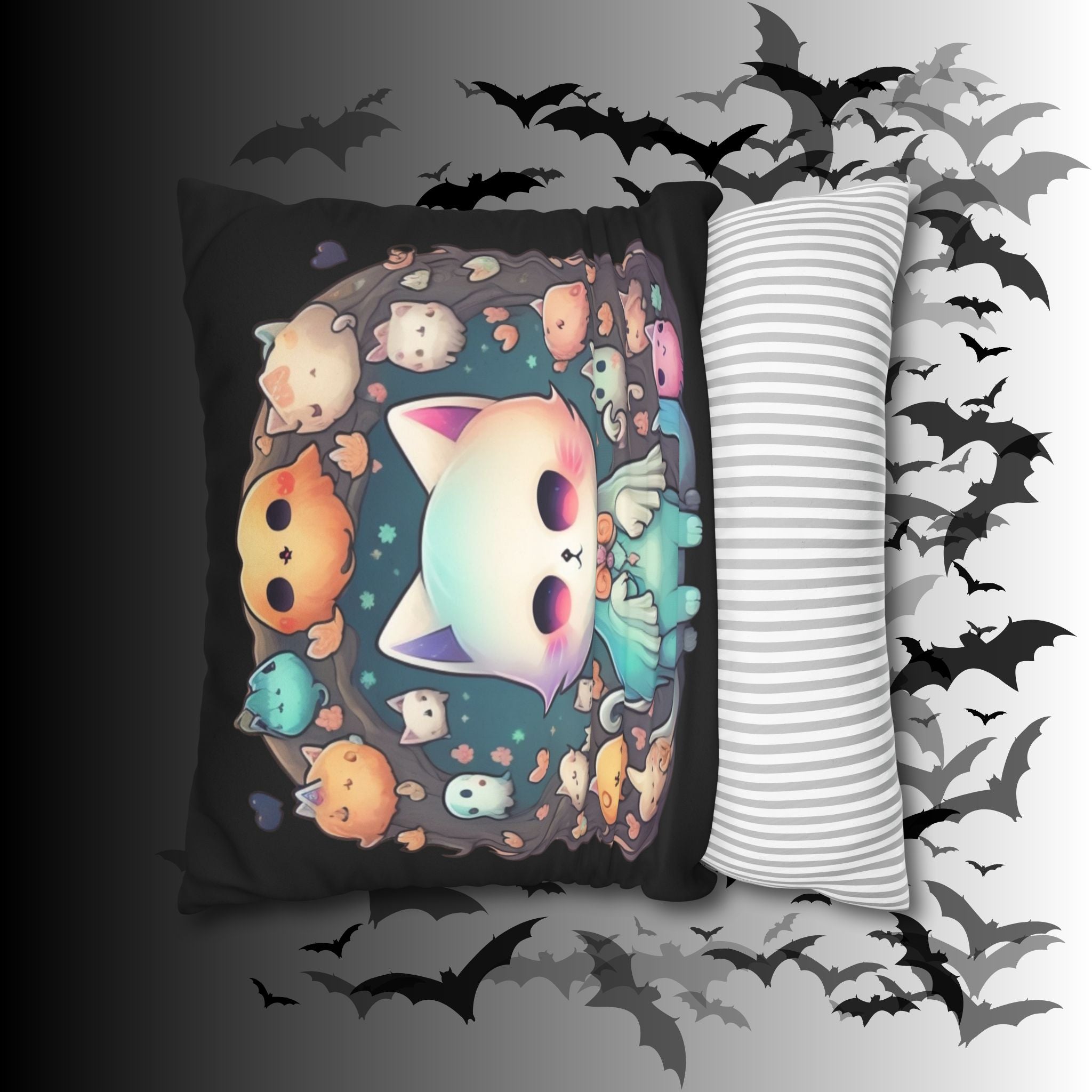 Creepy Cute Kawaii Ghost Cat Throw Pillow — Pastel Goth Dark Home Decor