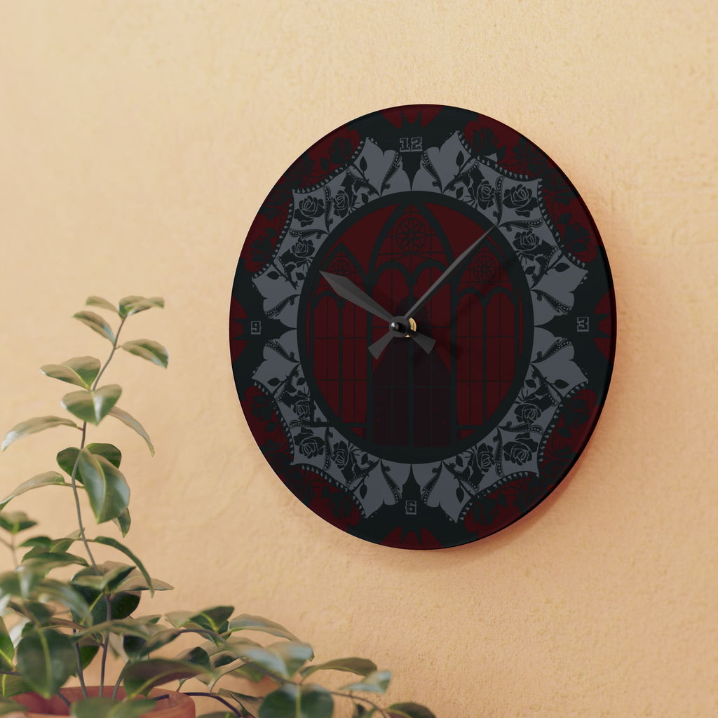 Gothic Cathedral Bats Wall Clock — Black Red Acrylic Art Print Home Decor