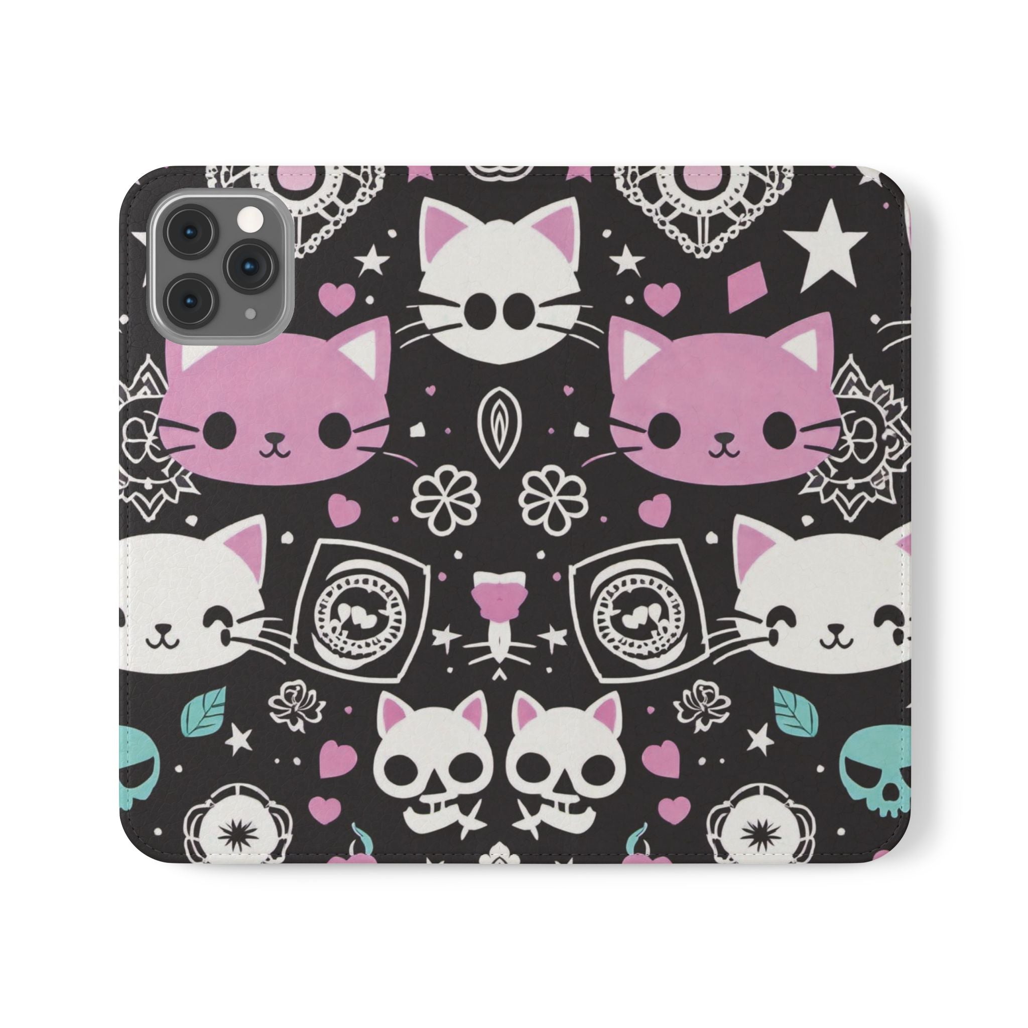 Pastel Goth Cat Flip Wallet Phone Case - Goth Cat Wallet Case for Samsung iPhone - Gothic Style Cats Wallet Phone Cases