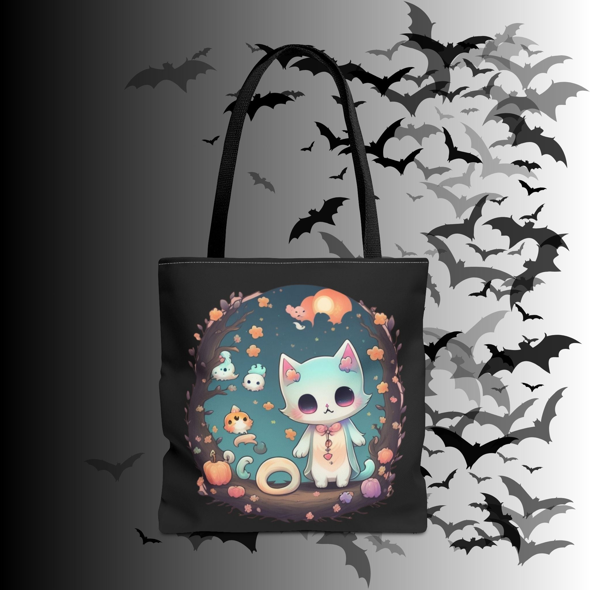 Pastel Goth Kawaii Cat Halloween Tote Bag — Moonlit Forest Scene