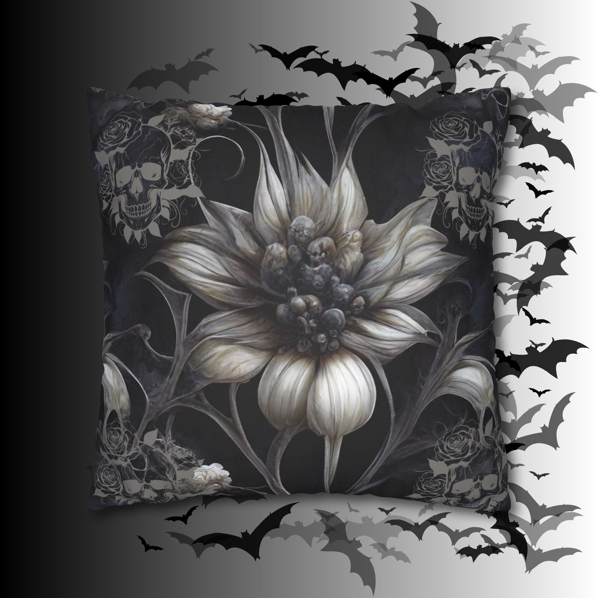 Gothic Skull Botanical Sunflower Throw Pillow — Dark Floral Home Decor
