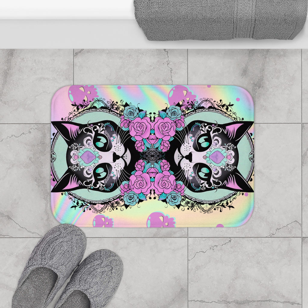 Pastel Goth Sugar Skull Cat Bath Mat — Whimsical Bathroom Decor