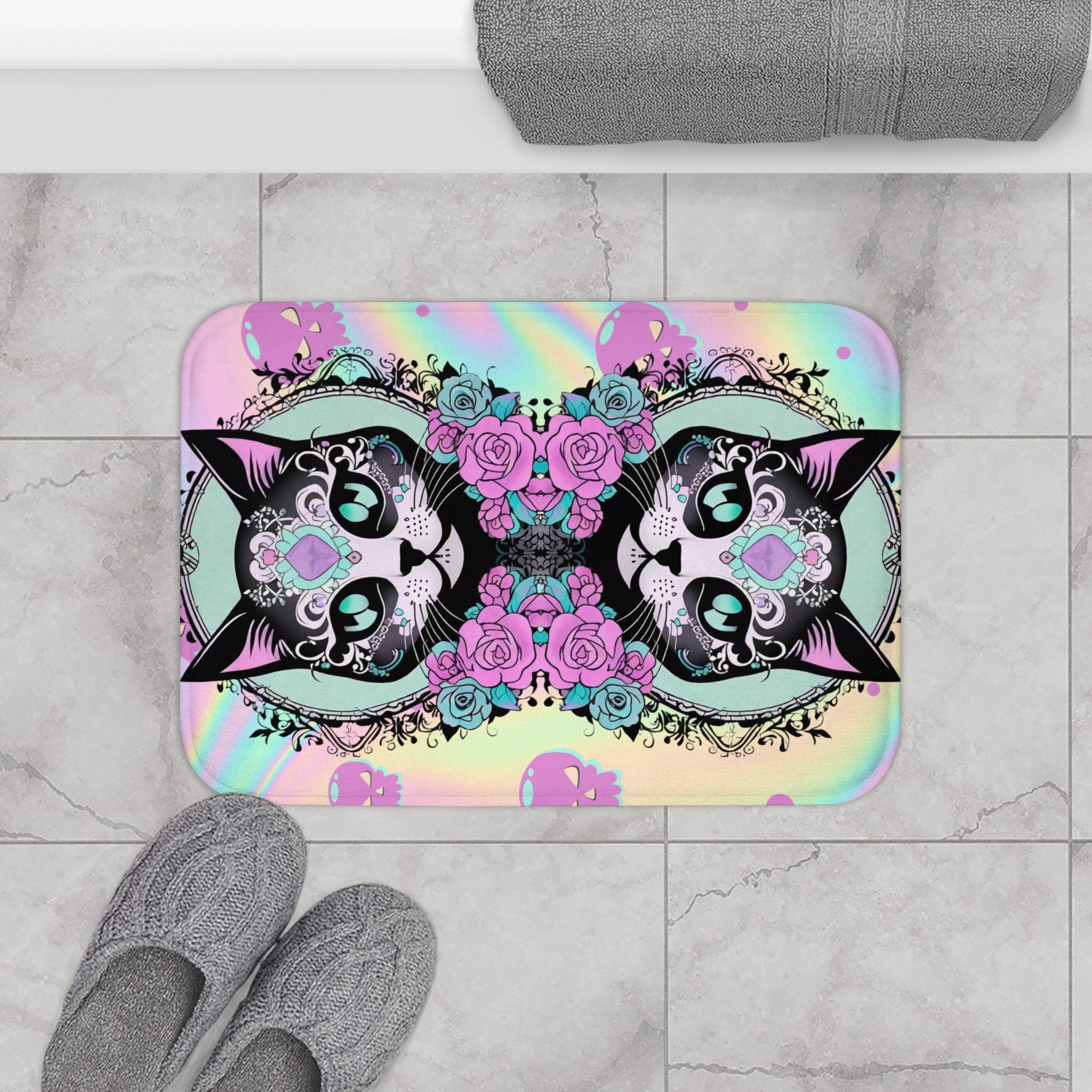 Pastel Goth Sugar Skull Cat Bath Mat — Whimsical Bathroom Decor