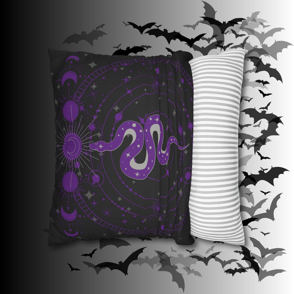 Purple Celestial Snake Moon Phases Throw Pillow — Witchy Gothic Dark Home Decor