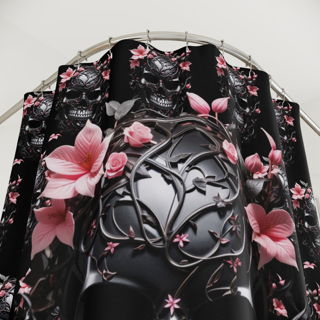 Gothic Floral Skull Shower Curtain — Dark Botanical Bathroom Decor