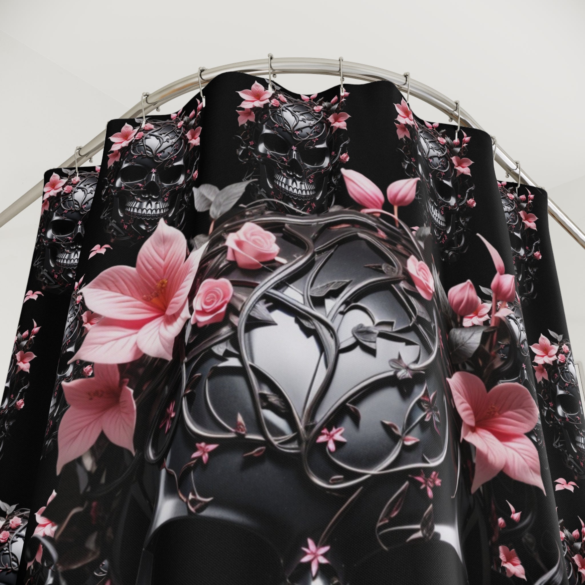 Gothic Floral Skull Shower Curtain — Dark Botanical Bathroom Decor