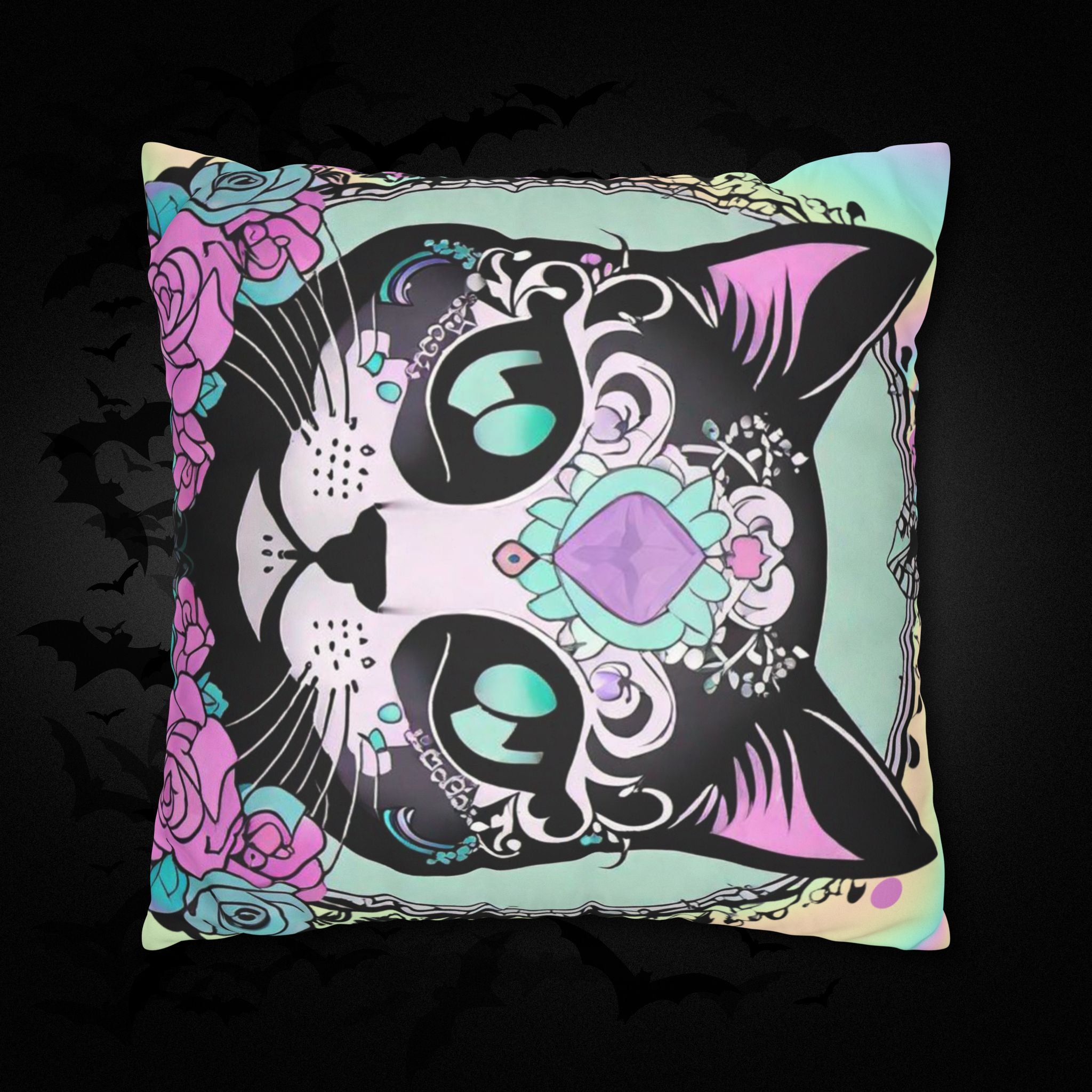 Pastel Goth Sugar Skull Cat Throw Pillow — Floral Gothic Home Decor