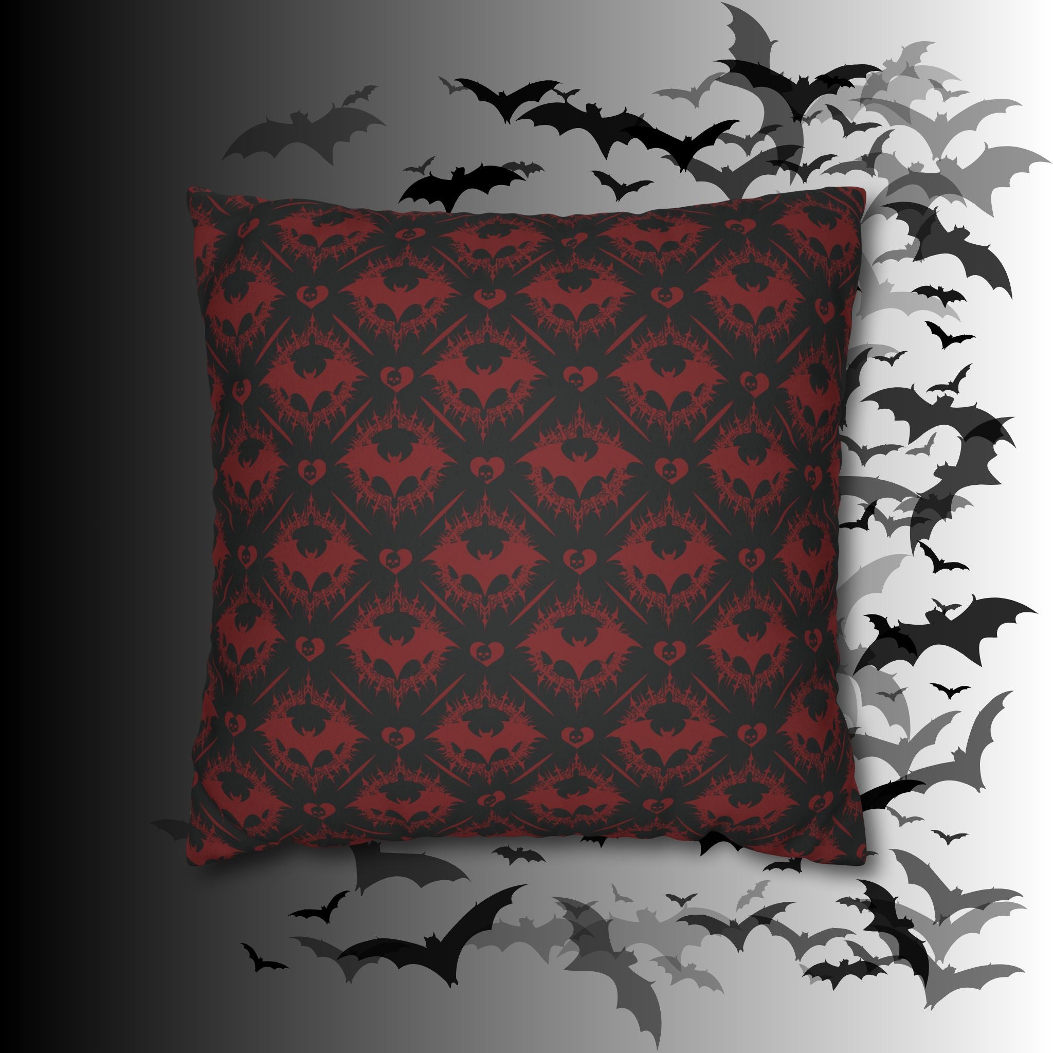 Gothic Bat Diamond Pattern Throw Pillow — Midnight Black Dark Home Decor
