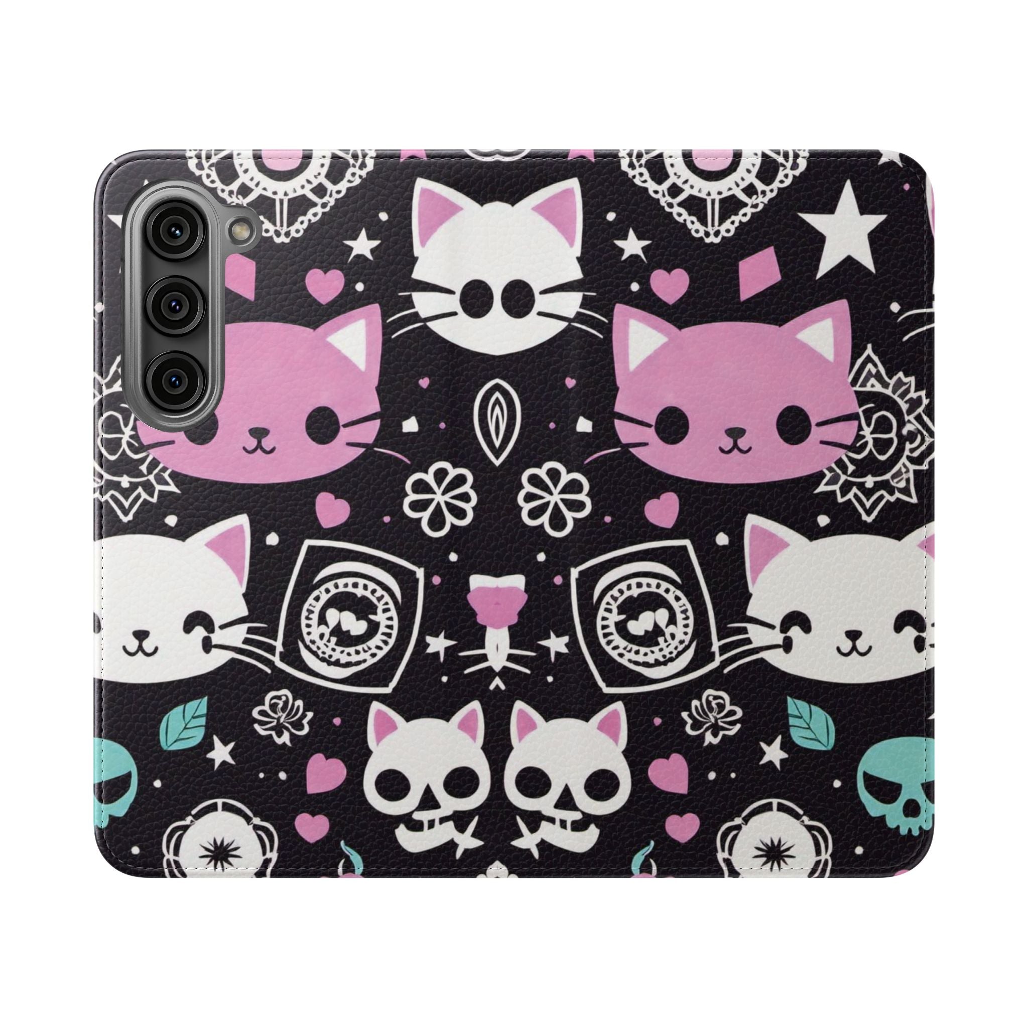 Pastel Goth Cat Flip Wallet Phone Case - Goth Cat Wallet Case for Samsung iPhone - Gothic Style Cats Wallet Phone Cases