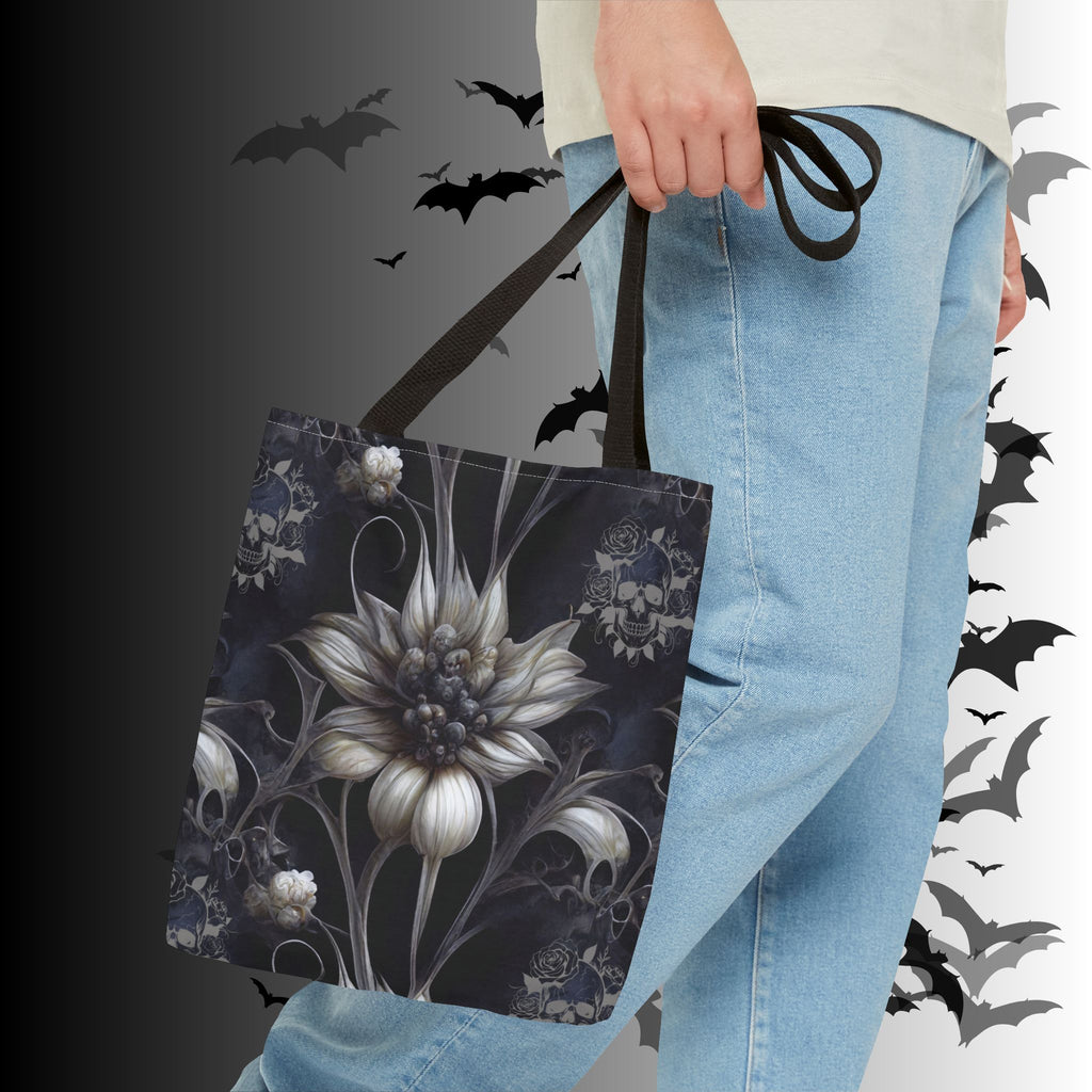 Gothic Botanical Skull Tote Bag — Dark Floral All-Over Print