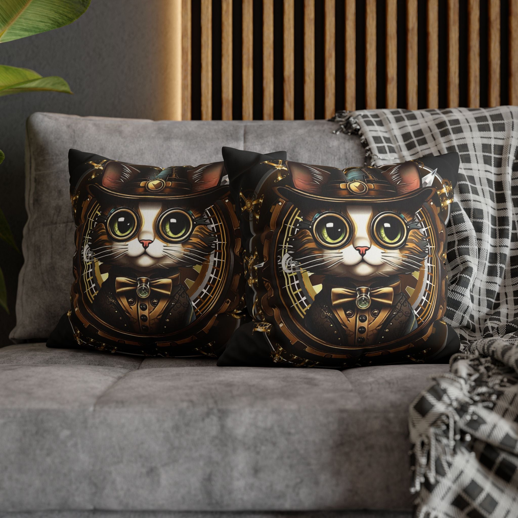 Steampunk Cat Throw Pillow — Vintage Industrial Gothic Home Decor