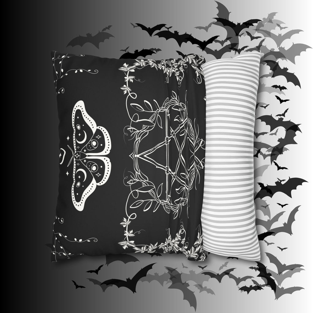 Witchy Moth Pentagram Throw Pillow — Botanical Gothic Dark Home Decor