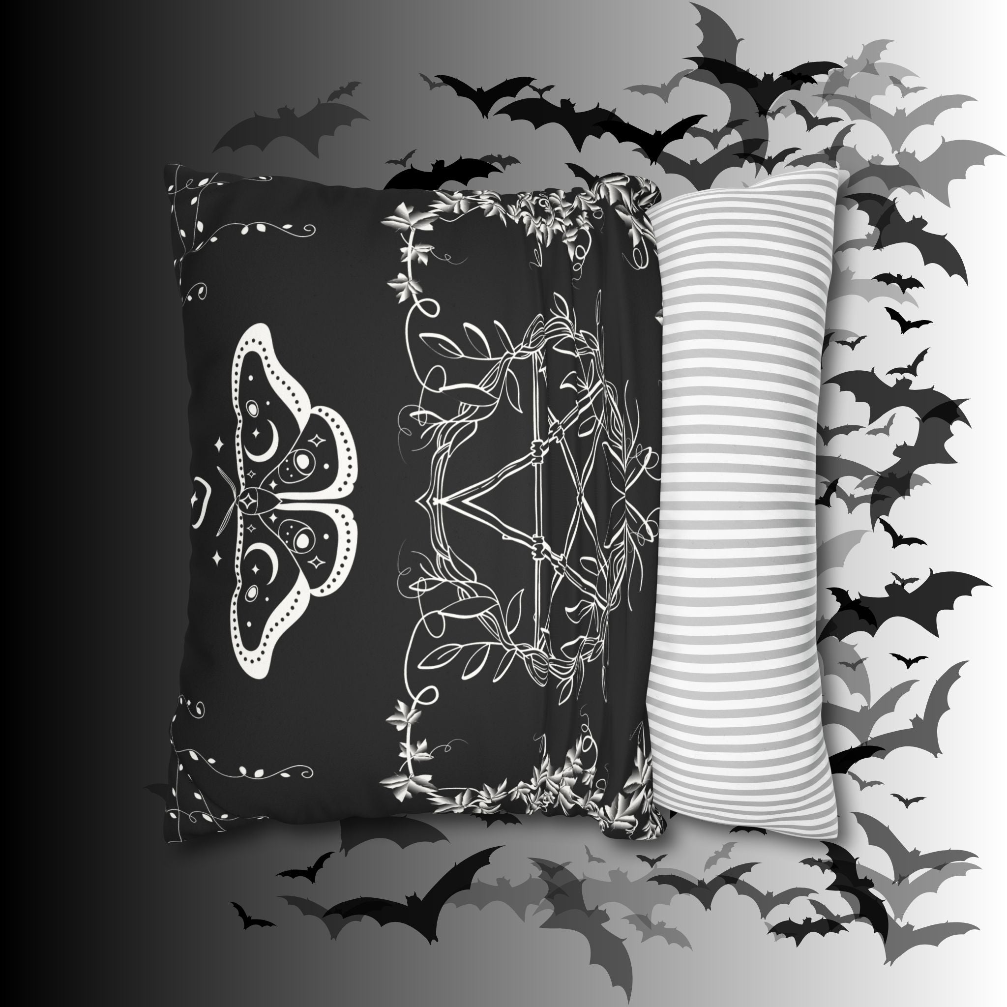 Witchy Moth Pentagram Throw Pillow — Botanical Gothic Dark Home Decor