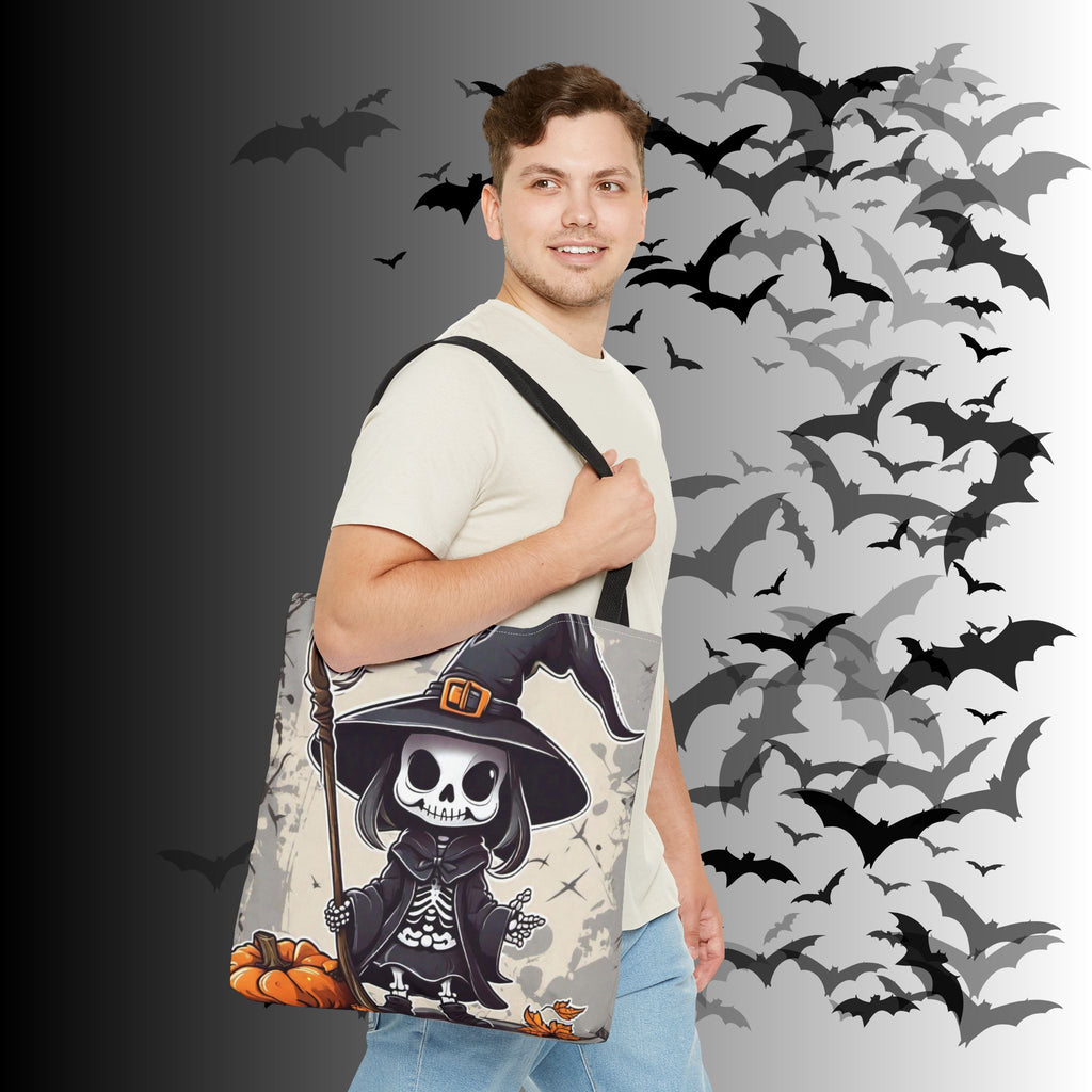 Skeleton Witch Halloween Tote Bag — Spooky Chibi Witch Print