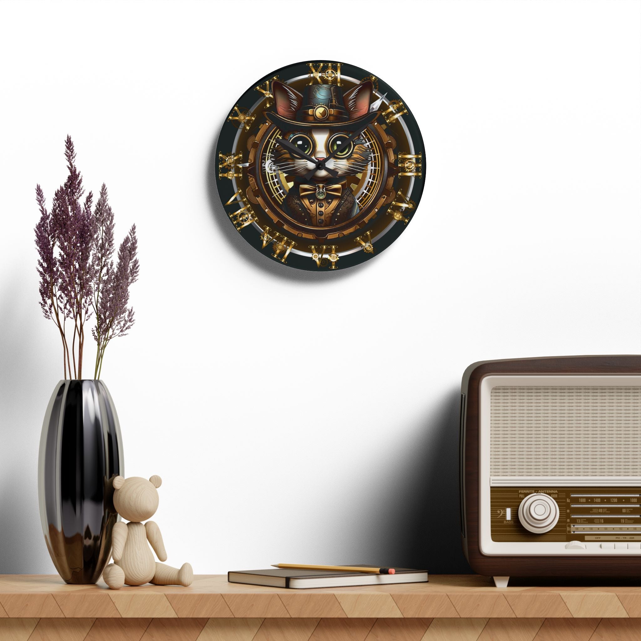 Steampunk Cat Wall Clock — Victorian Gear Acrylic Art Print Home Decor