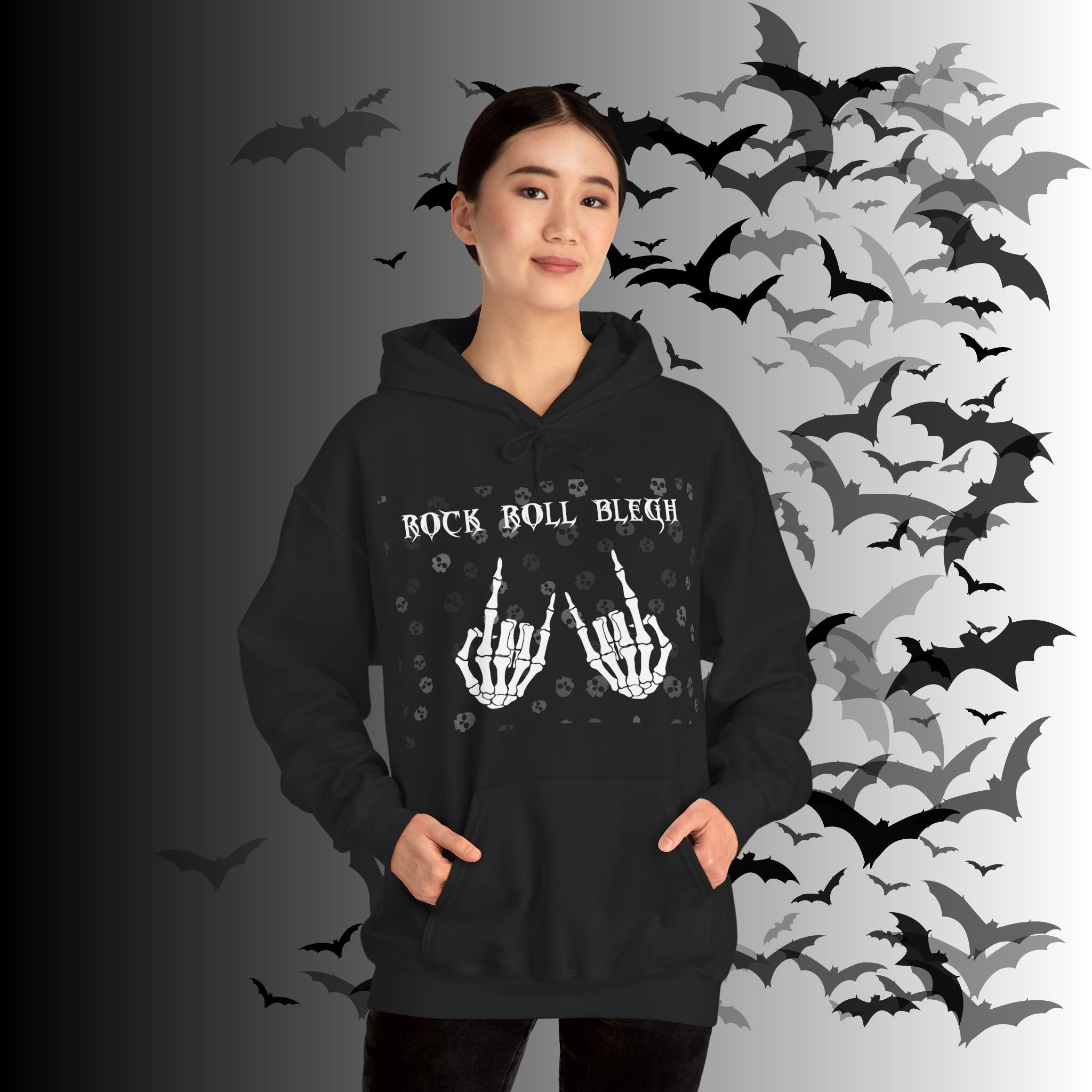 Rock Roll Blegh Hoodie — Skeleton Hands Gothic Music Pullover