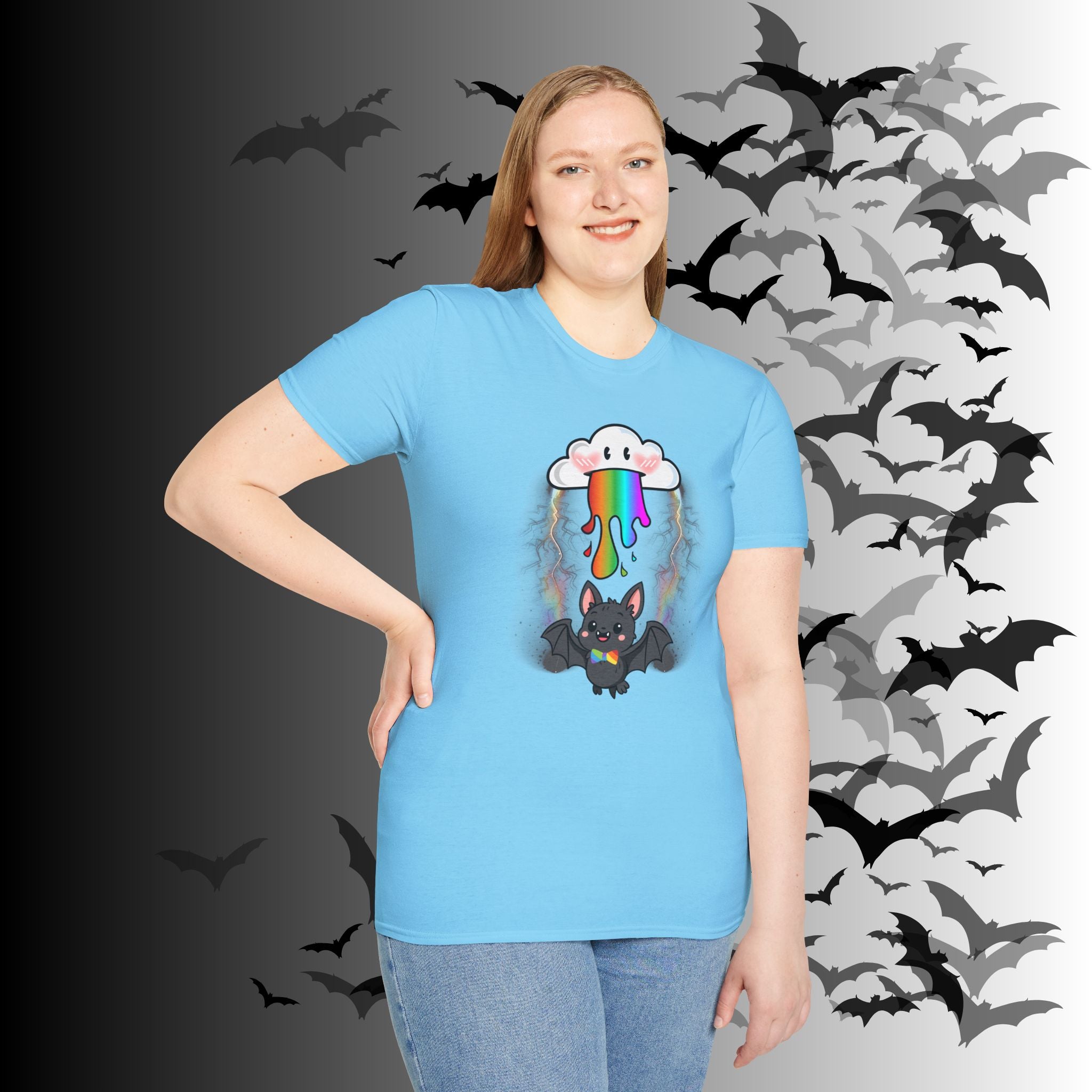 Rainbow Vomit Cloud Bat T-Shirt — Kawaii Goth Pride Unisex Tee