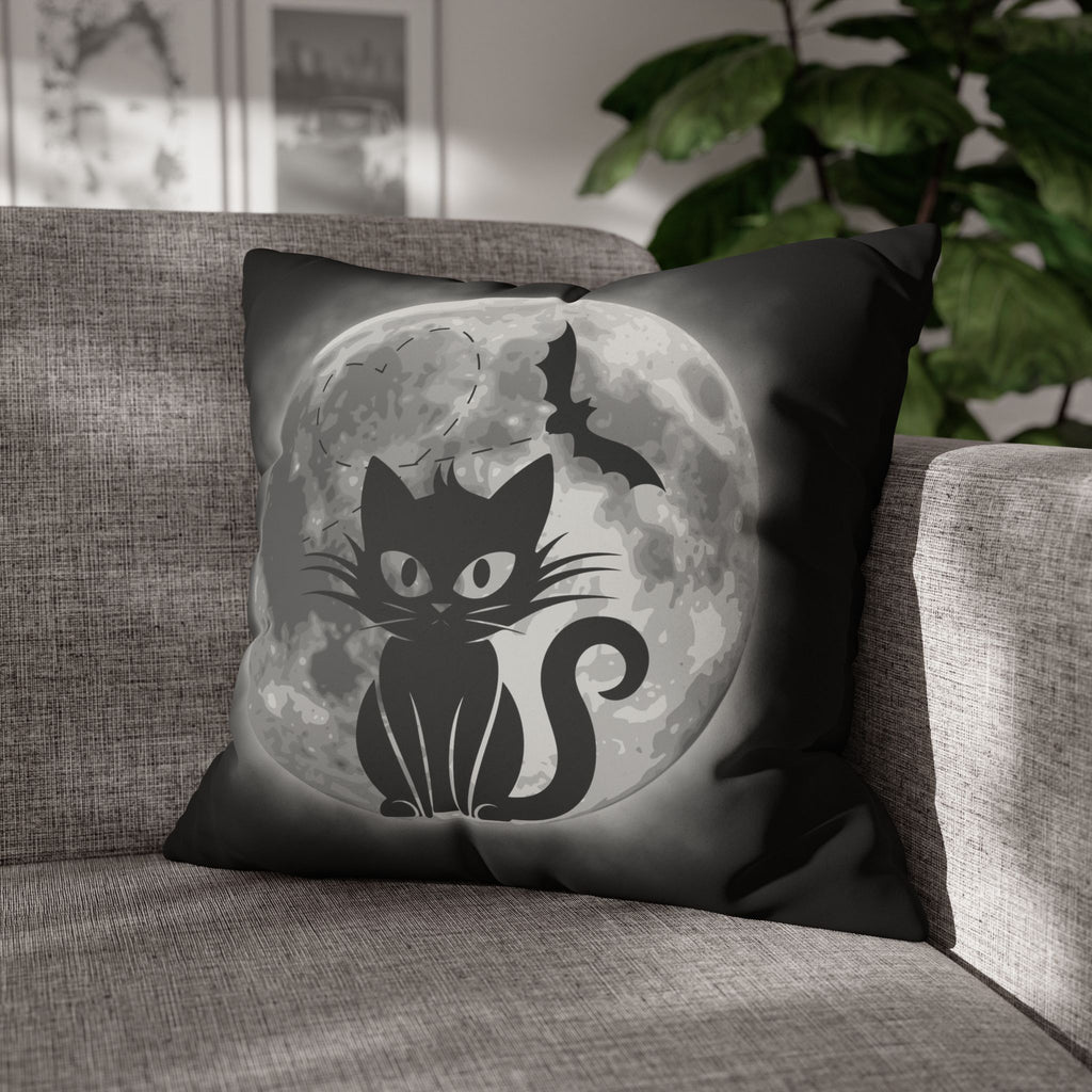Gothic Black Cat Full Moon Throw Pillow — Bat Dark Home Decor