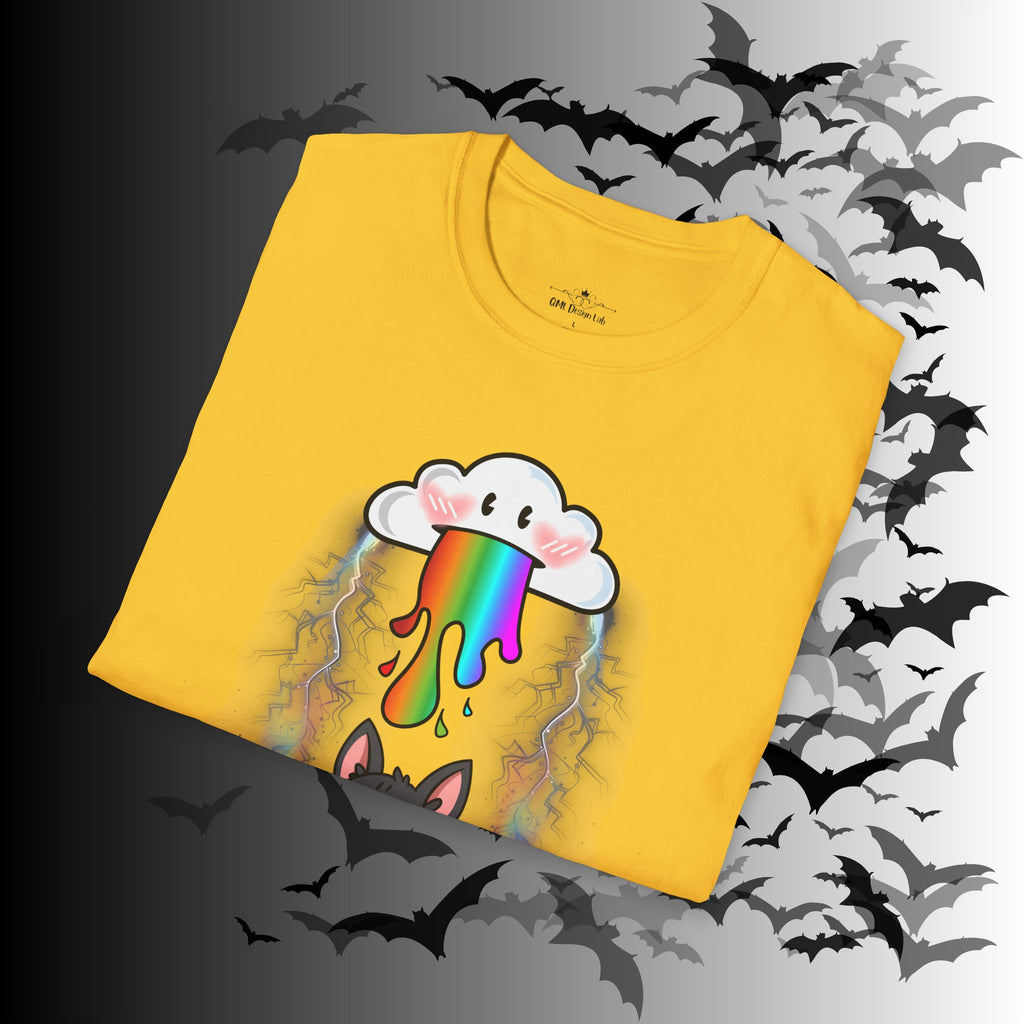 Rainbow Vomit Cloud Bat T-Shirt — Kawaii Goth Pride Unisex Tee