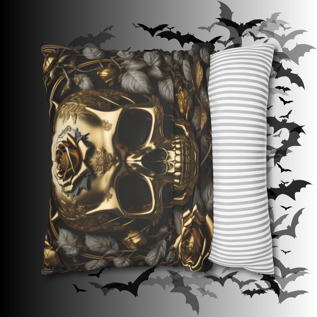 Gothic Gold Black Rose Skull Throw Pillow — Dark Floral Botanical Home Decor