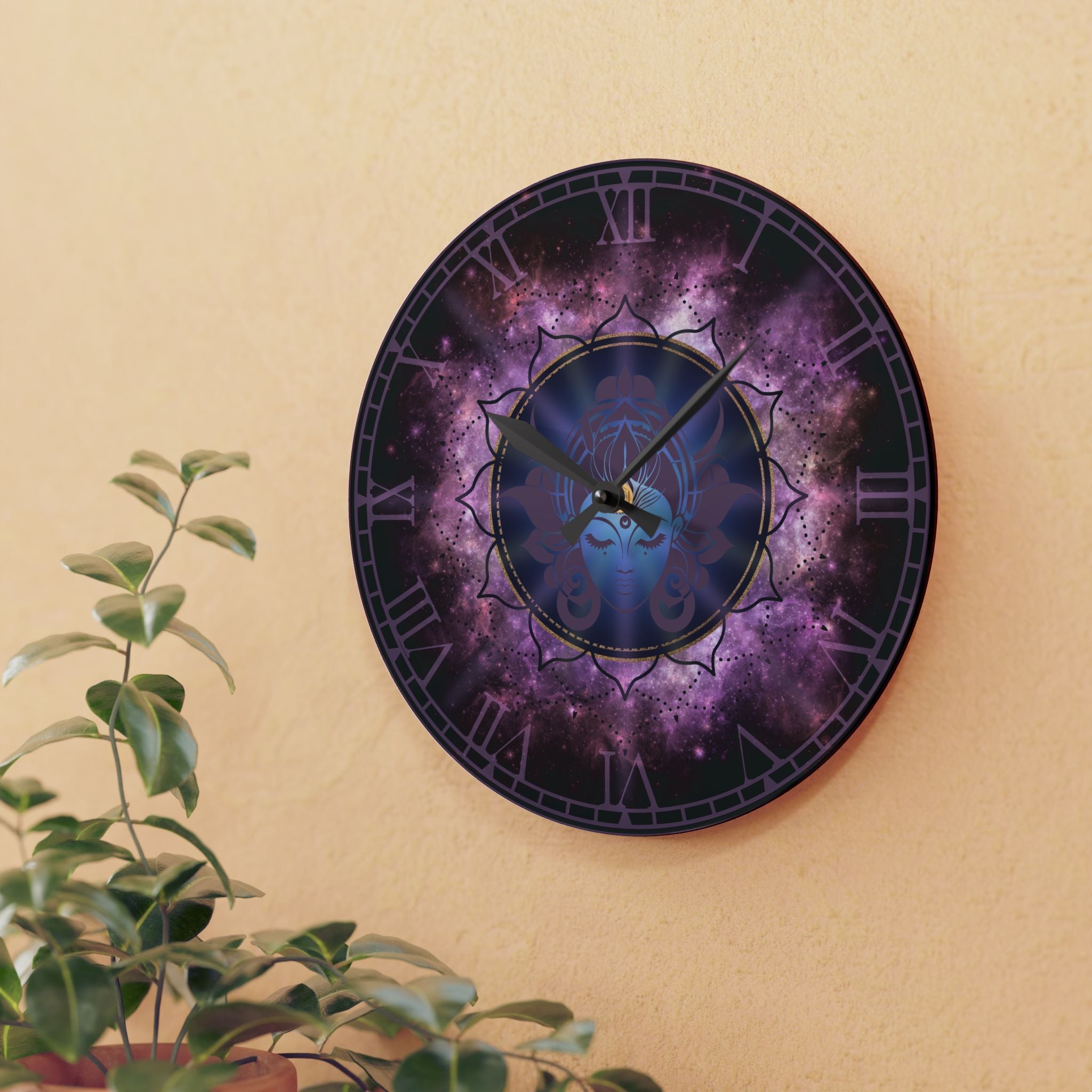 Moon Goddess Galaxy Wall Clock — Celestial Mandala Acrylic Art Print Home Decor