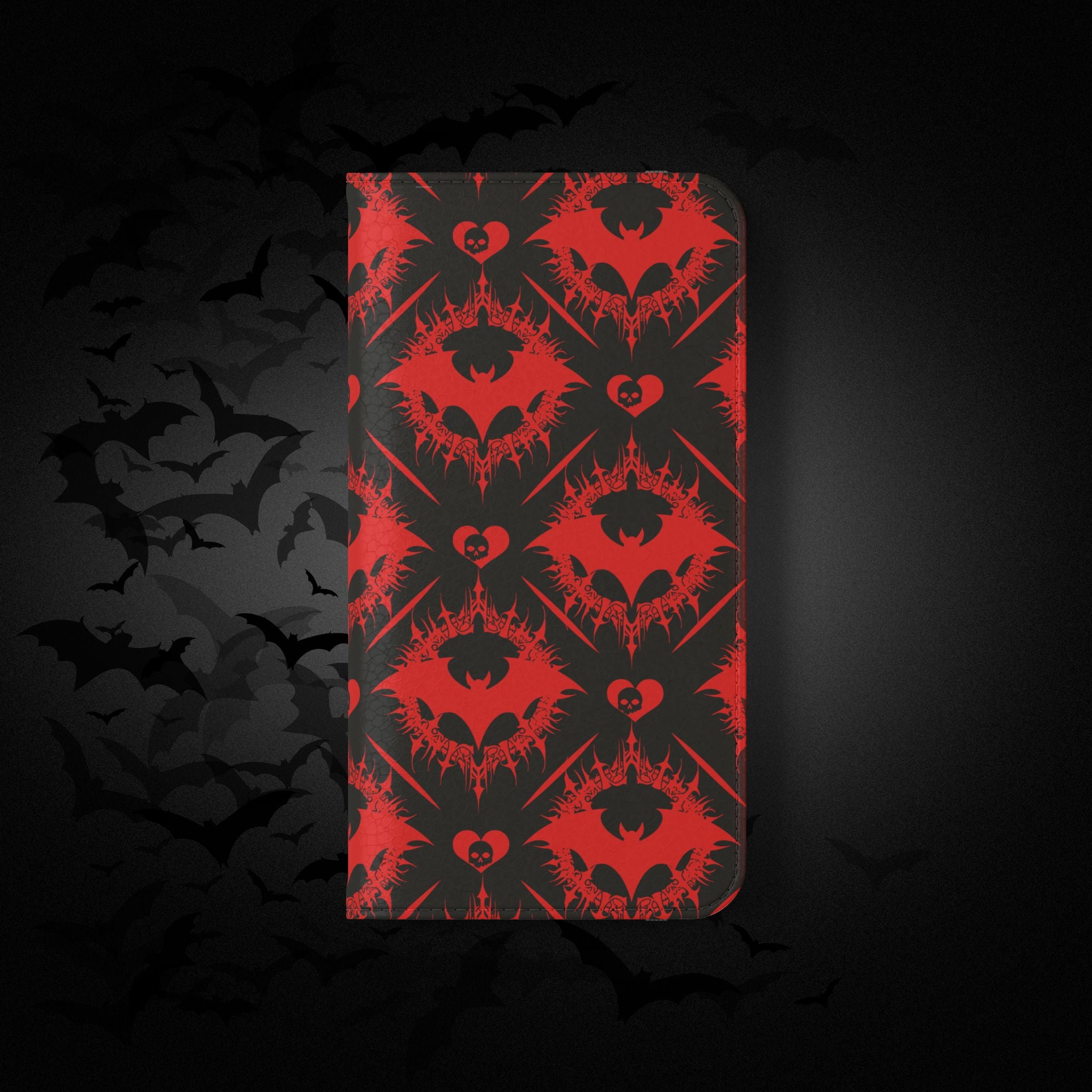 Gothic Bat Wallet Flip Case - Elegant Goth Phone Wallet - Bat Pattern Flip Case - Gothic Phone Case - Stylish Wallet Phone Case