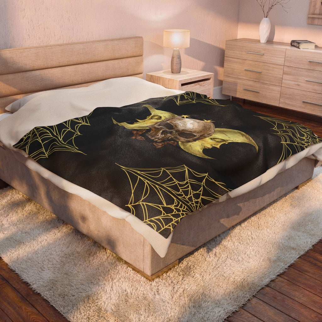 Gothic Gold Moon Skull Throw Blanket — Moonlit Halloween Home Decor