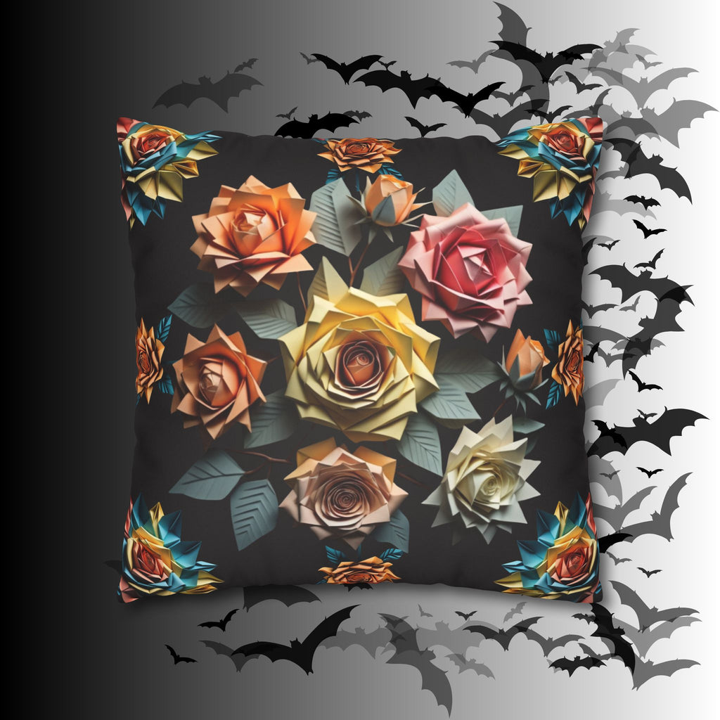 Gothic Origami Rose Throw Pillow — Dark Floral Botanical Home Decor