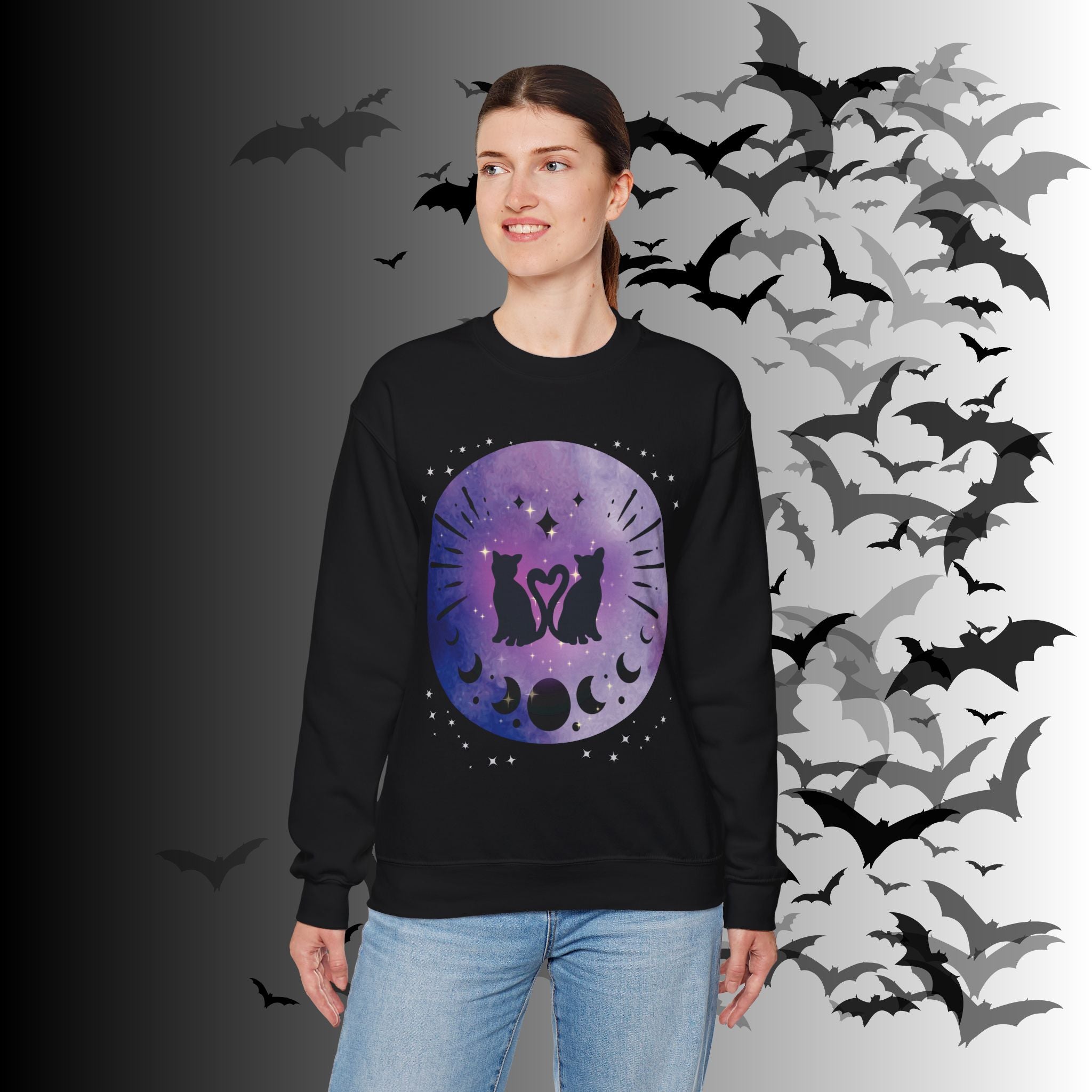 Celestial Twin Cats Heart Moon Crewneck Sweatshirt — Witchy Moon Phase
