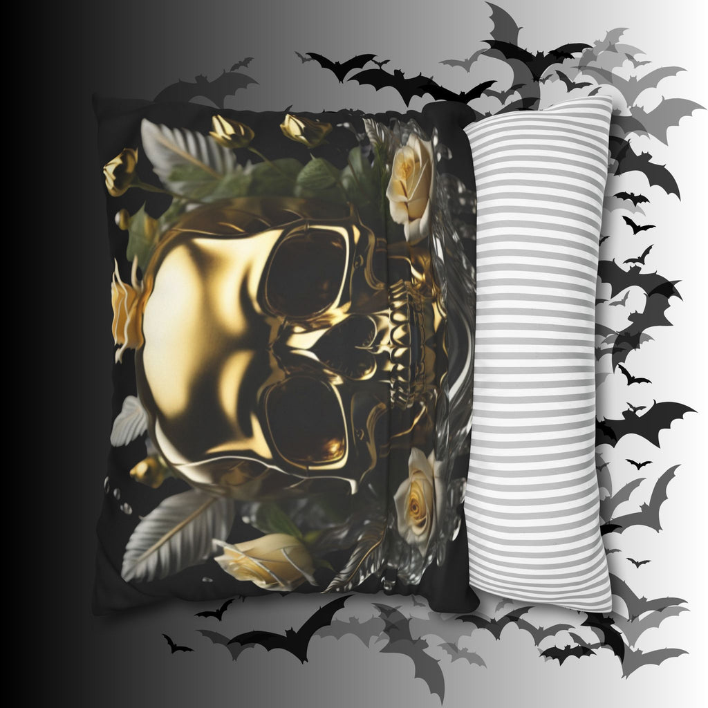 Gold Skull Botanical Throw Pillow — Dark Floral Gothic Home Decor
