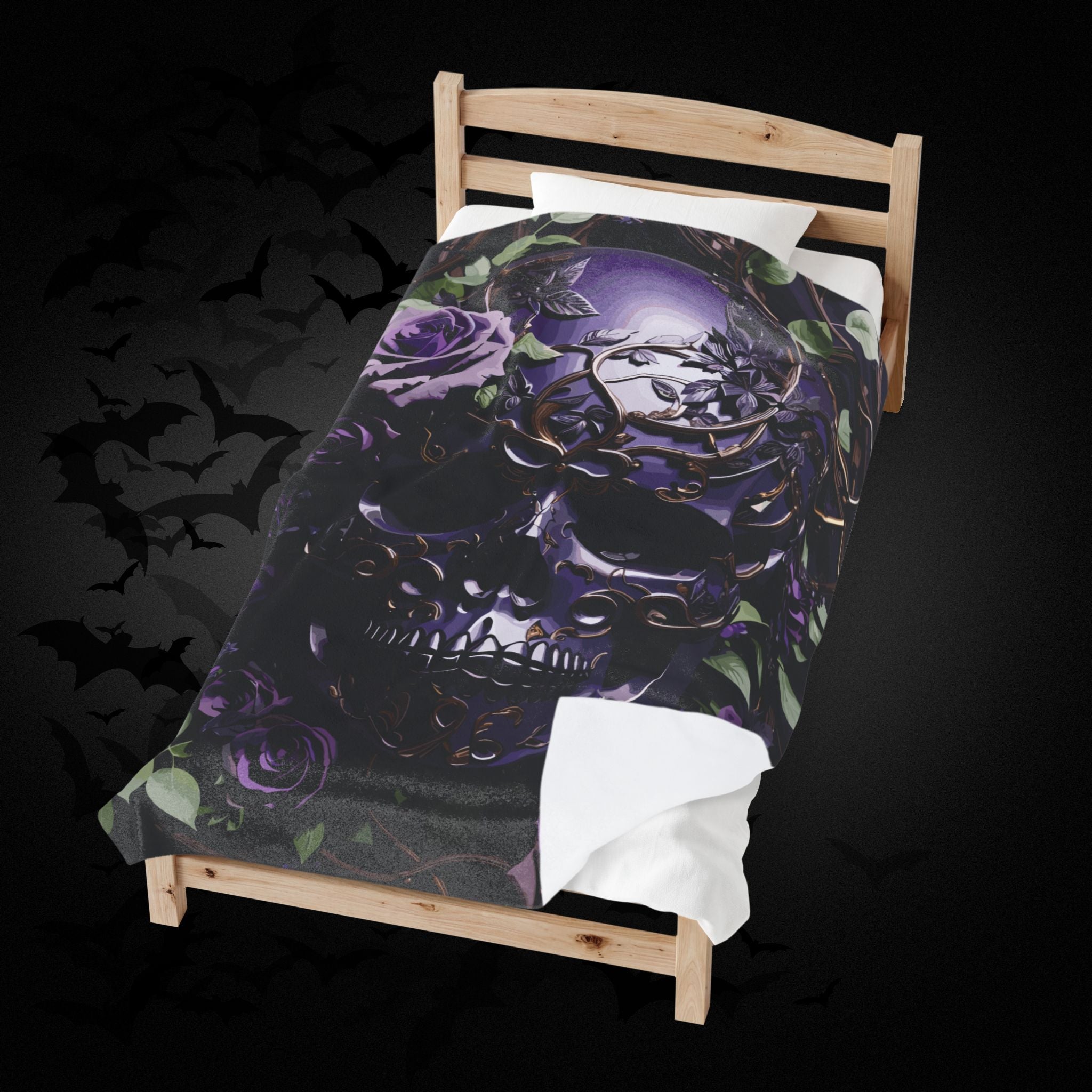 Gothic Black & Purple Botanical Skull Throw Blanket — Dark Floral Home Decor