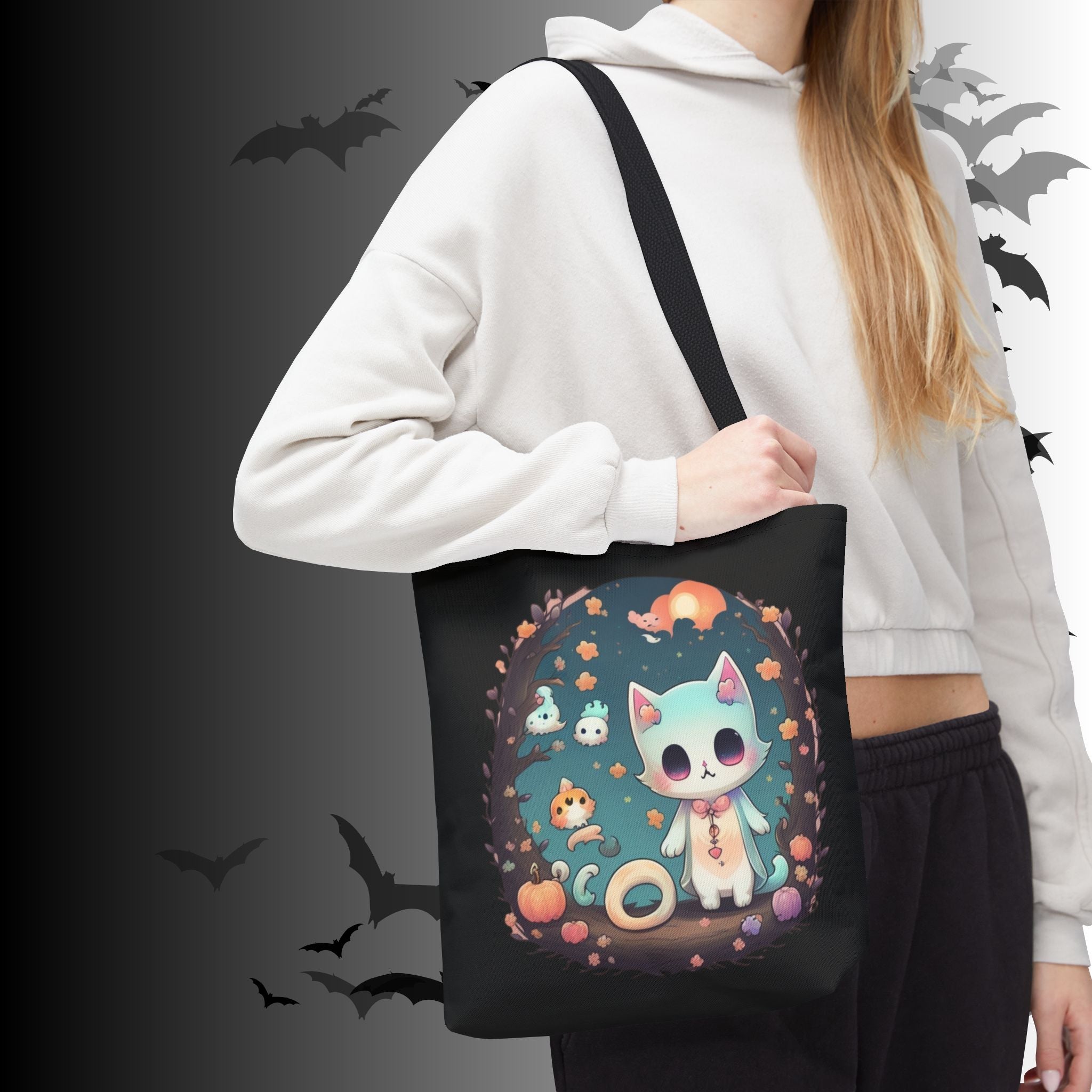 Pastel Goth Kawaii Cat Halloween Tote Bag — Moonlit Forest Scene