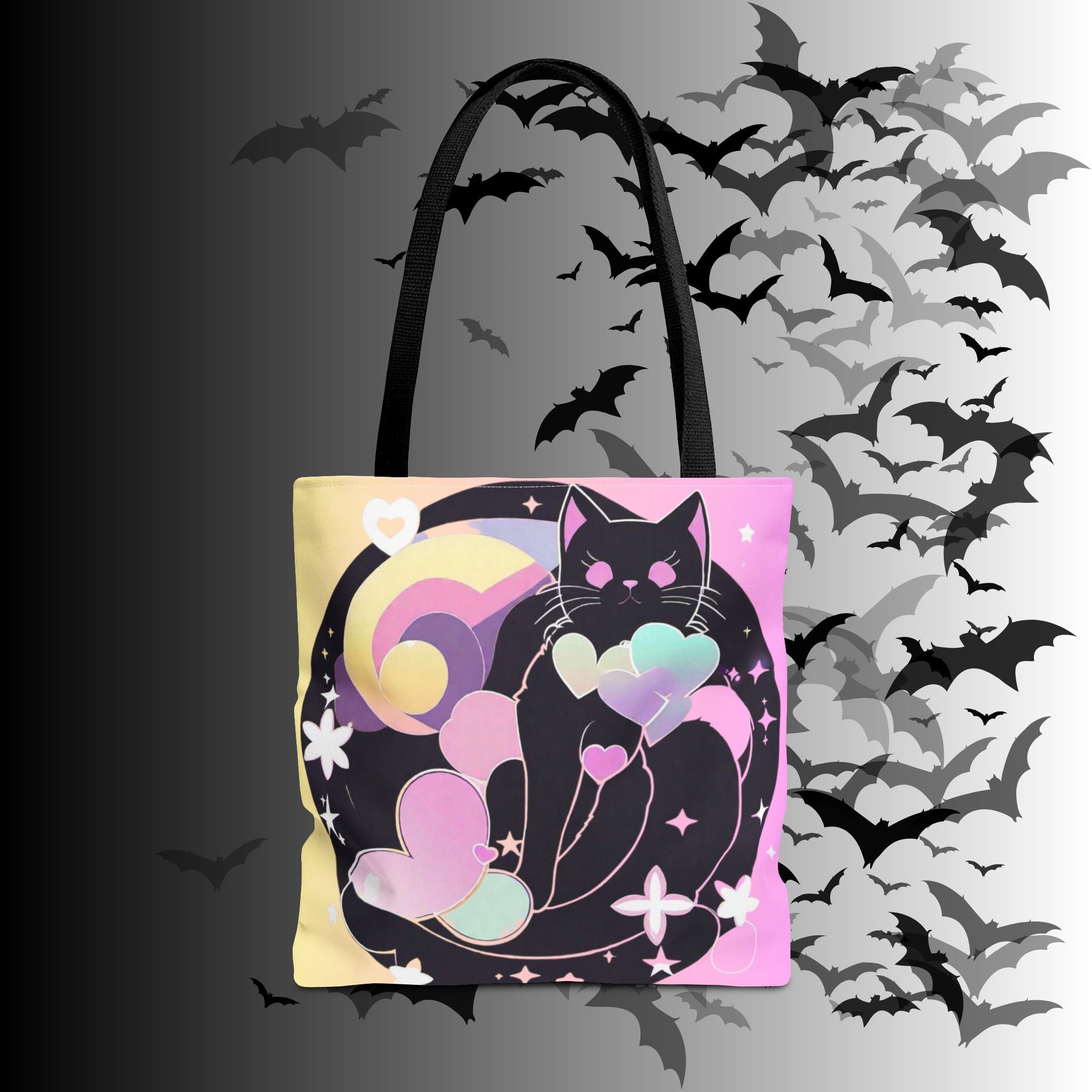 Pastel Goth Black Cat Heart Balloon Tote Bag — Kawaii Moon Print
