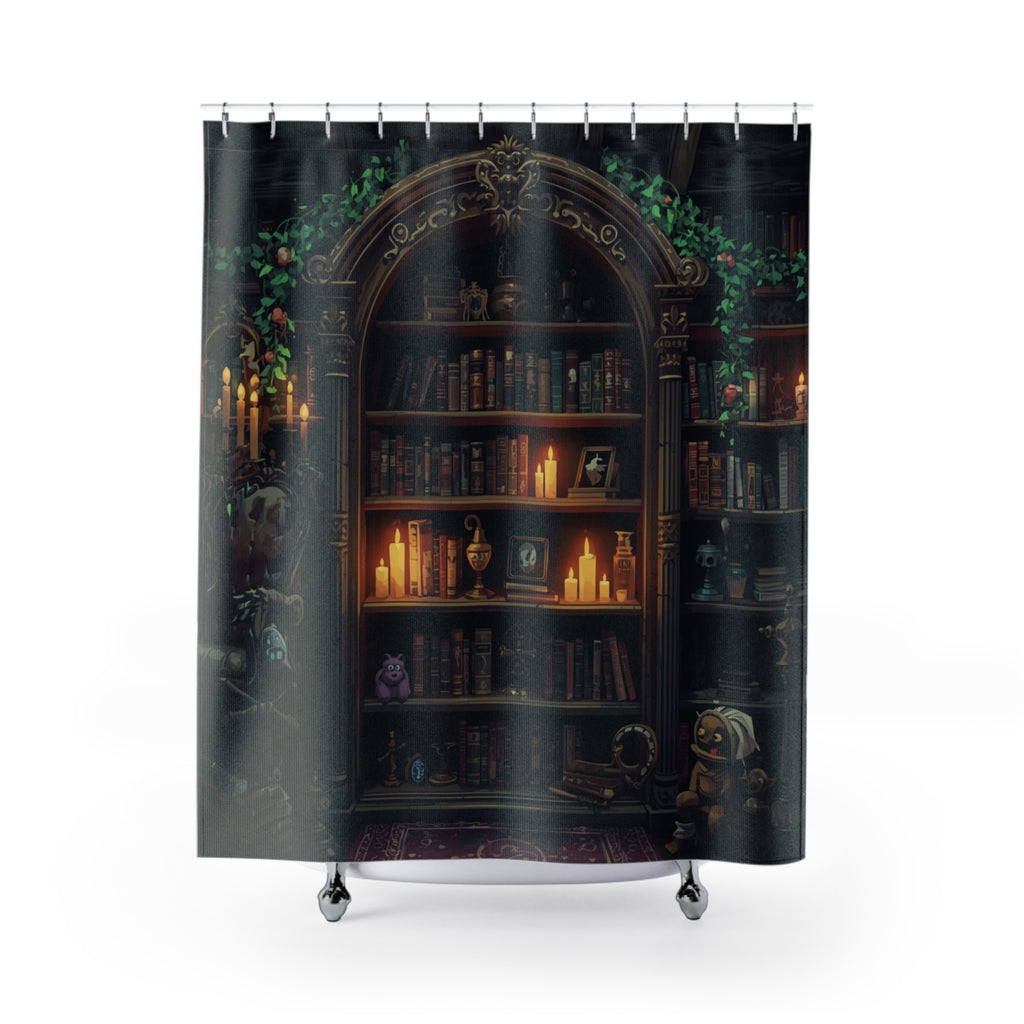 Whimsical Bookcase Shower Curtain — Dark Fantasy Library Bathroom Decor