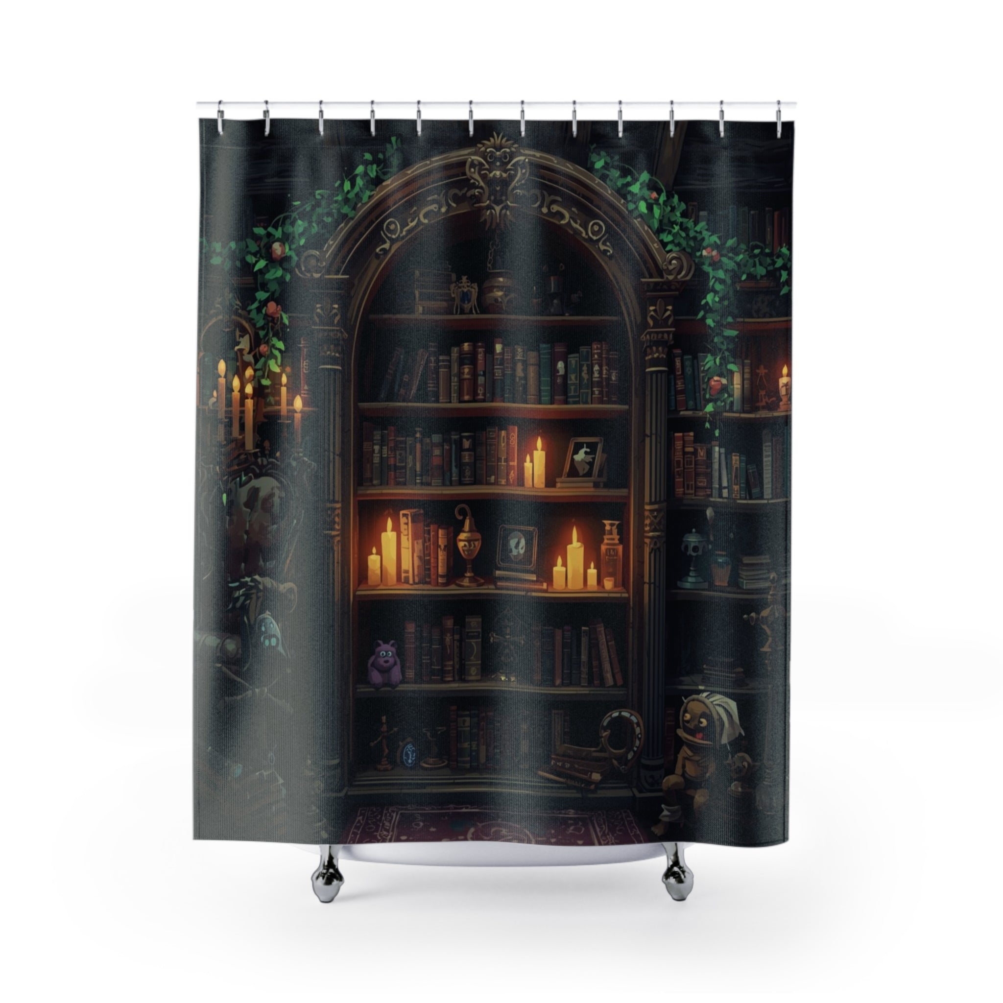 Whimsical Bookcase Shower Curtain — Dark Fantasy Library Bathroom Decor