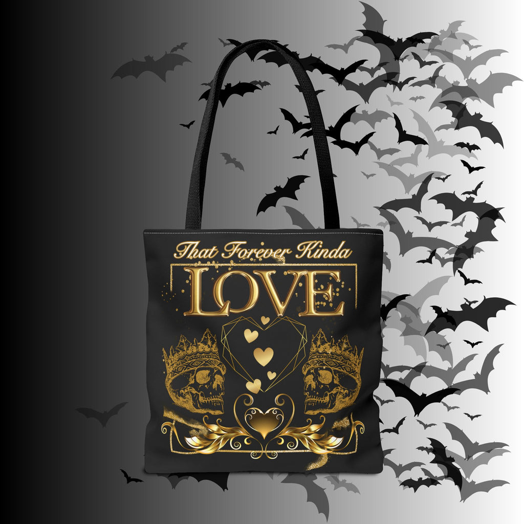 "That Forever Kinda Love" Gothic Skull Crown Tote Bag — Dark Romance Gold Print