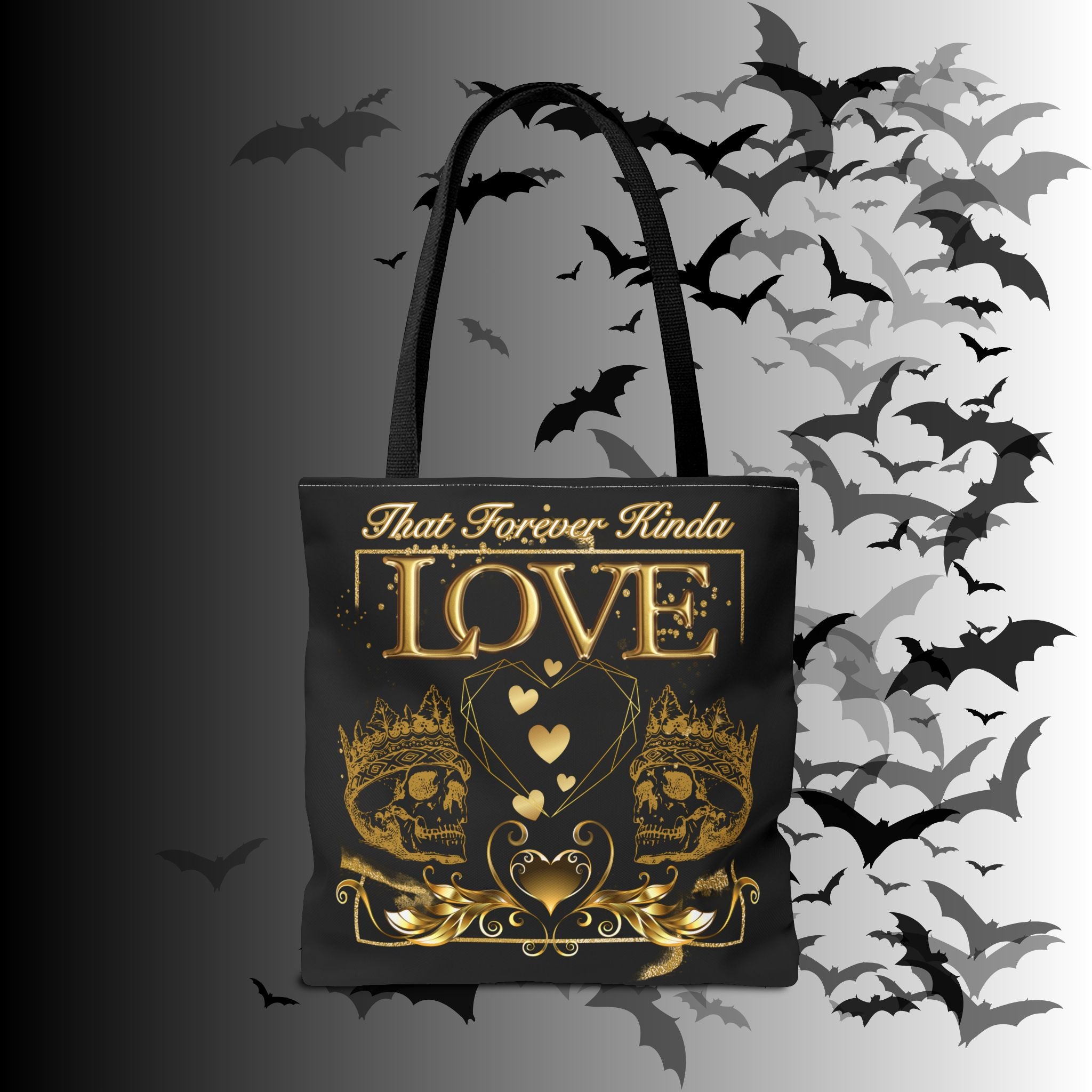 "That Forever Kinda Love" Gothic Skull Crown Tote Bag — Dark Romance Gold Print