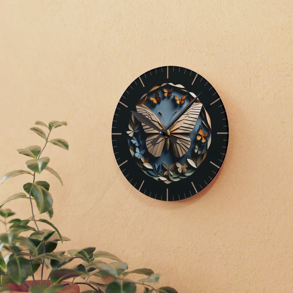 Origami Style Butterfly Acrylic Art Print Wall Clock — NOT Real Origami, Modern Zen Home Decor
