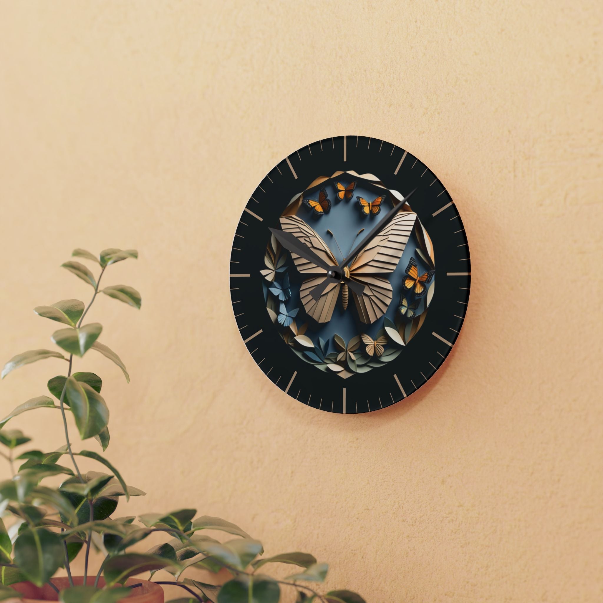 Origami Style Butterfly Acrylic Art Print Wall Clock — NOT Real Origami, Modern Zen Home Decor