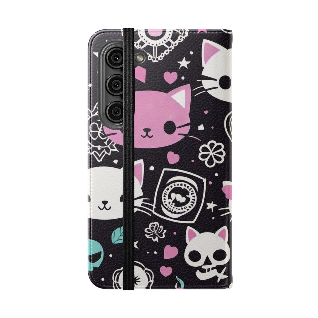 Pastel Goth Cat Flip Wallet Phone Case - Goth Cat Wallet Case for Samsung iPhone - Gothic Style Cats Wallet Phone Cases