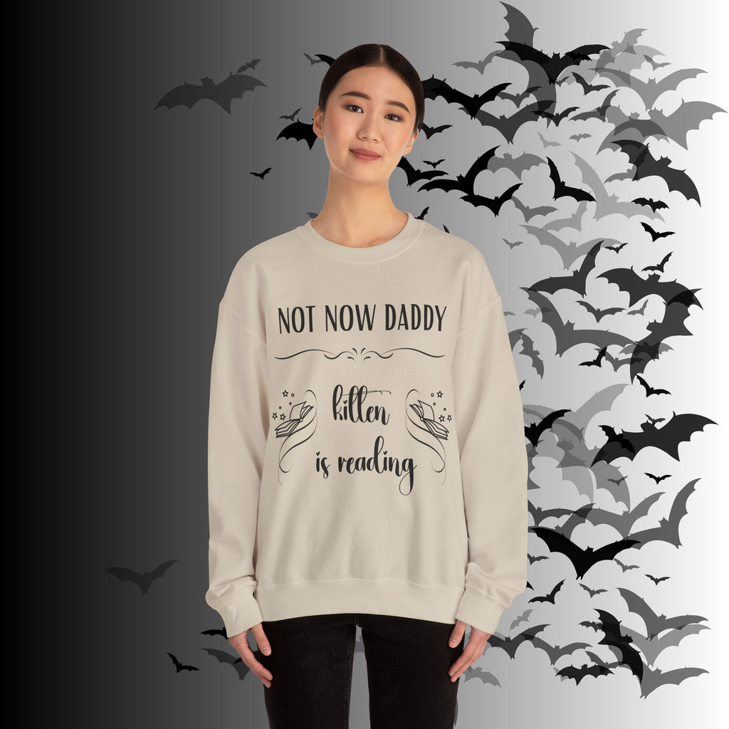 Not Now Daddy Kitten Is Reading Crewneck Sweatshirt — Funny Book Lover
