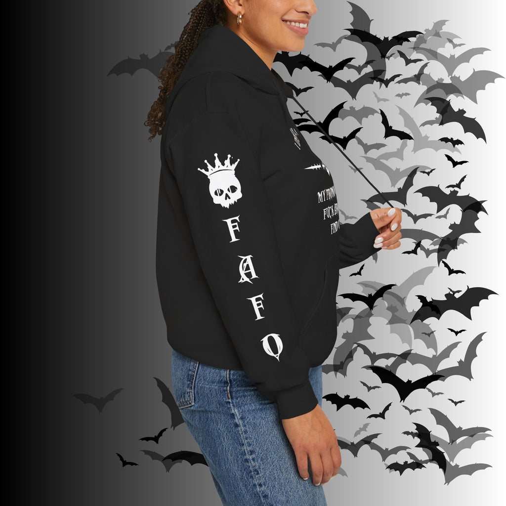 I Identify As a Threat Hoodie — Gothic Skull Sleeve Print FAFO Black