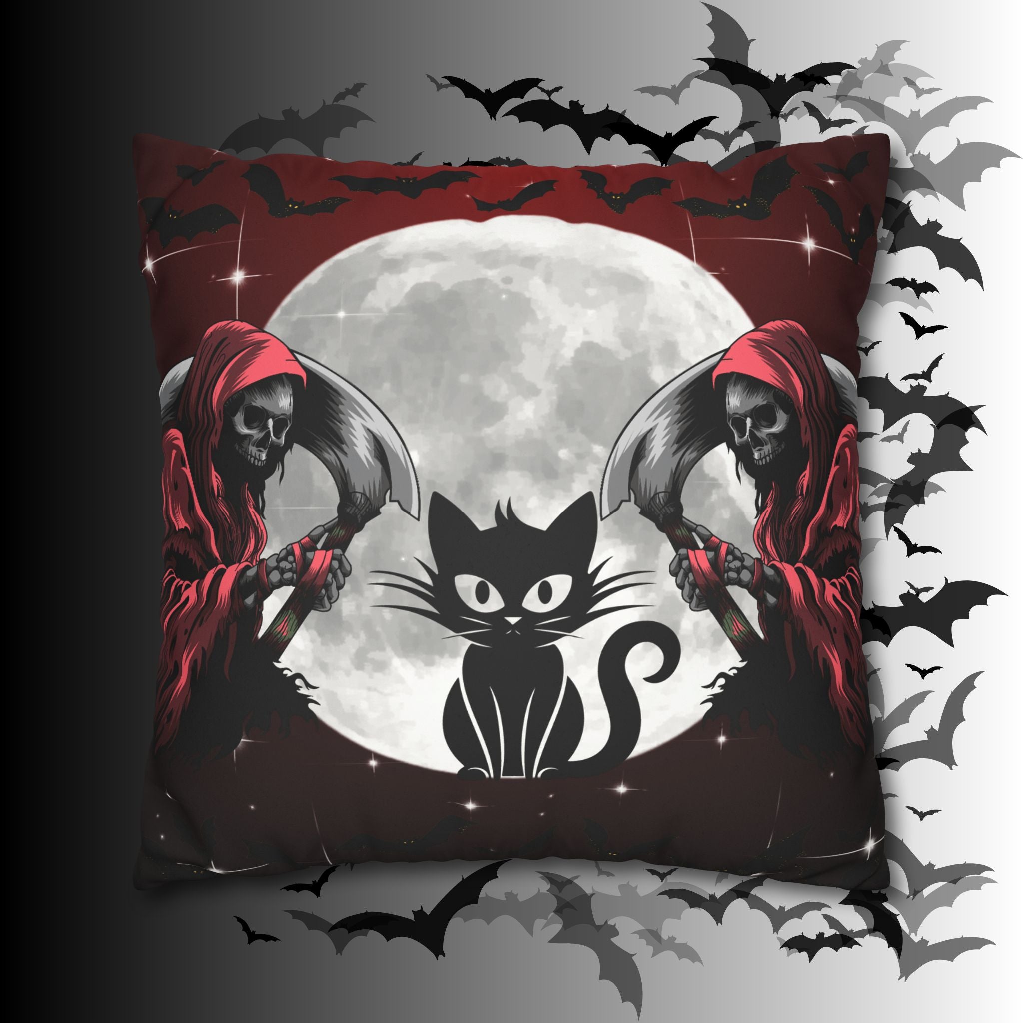 Gothic Black Cat Grim Reaper Throw Pillow — Moonlit Dark Home Decor