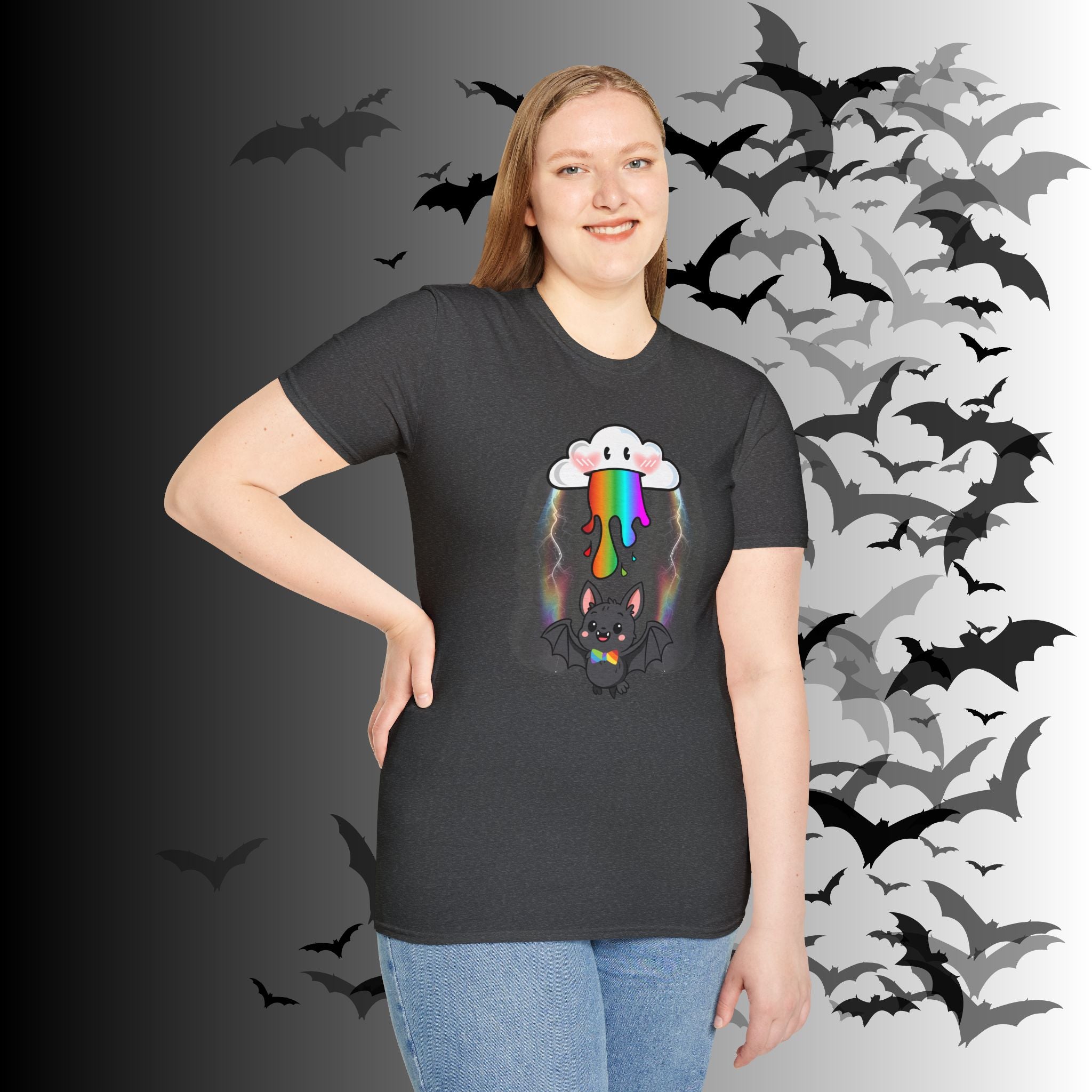 Rainbow Vomit Cloud Bat T-Shirt — Kawaii Goth Pride Unisex Tee