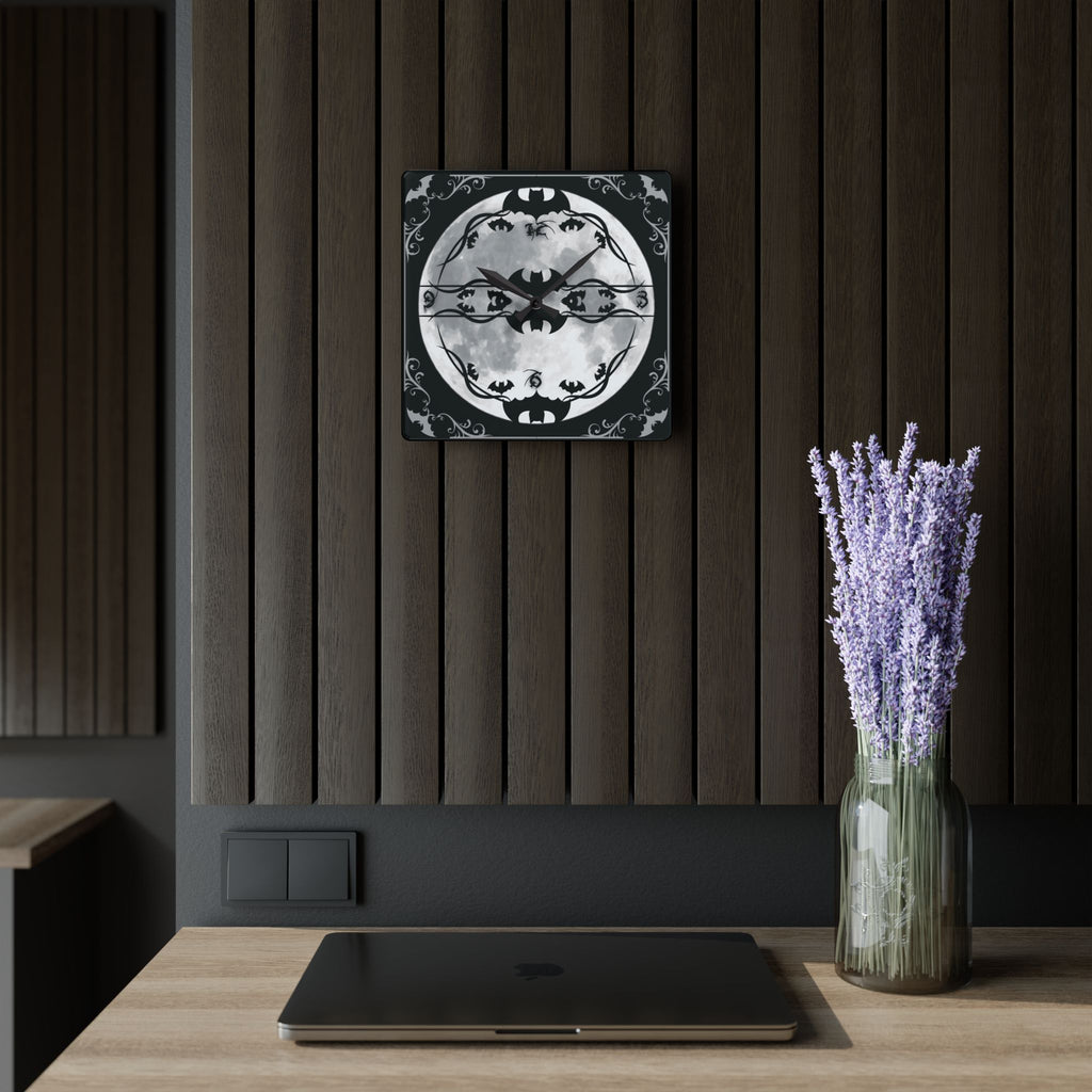 Gothic Bats Full Moon Wall Clock — Halloween Acrylic Art Print Home Decor