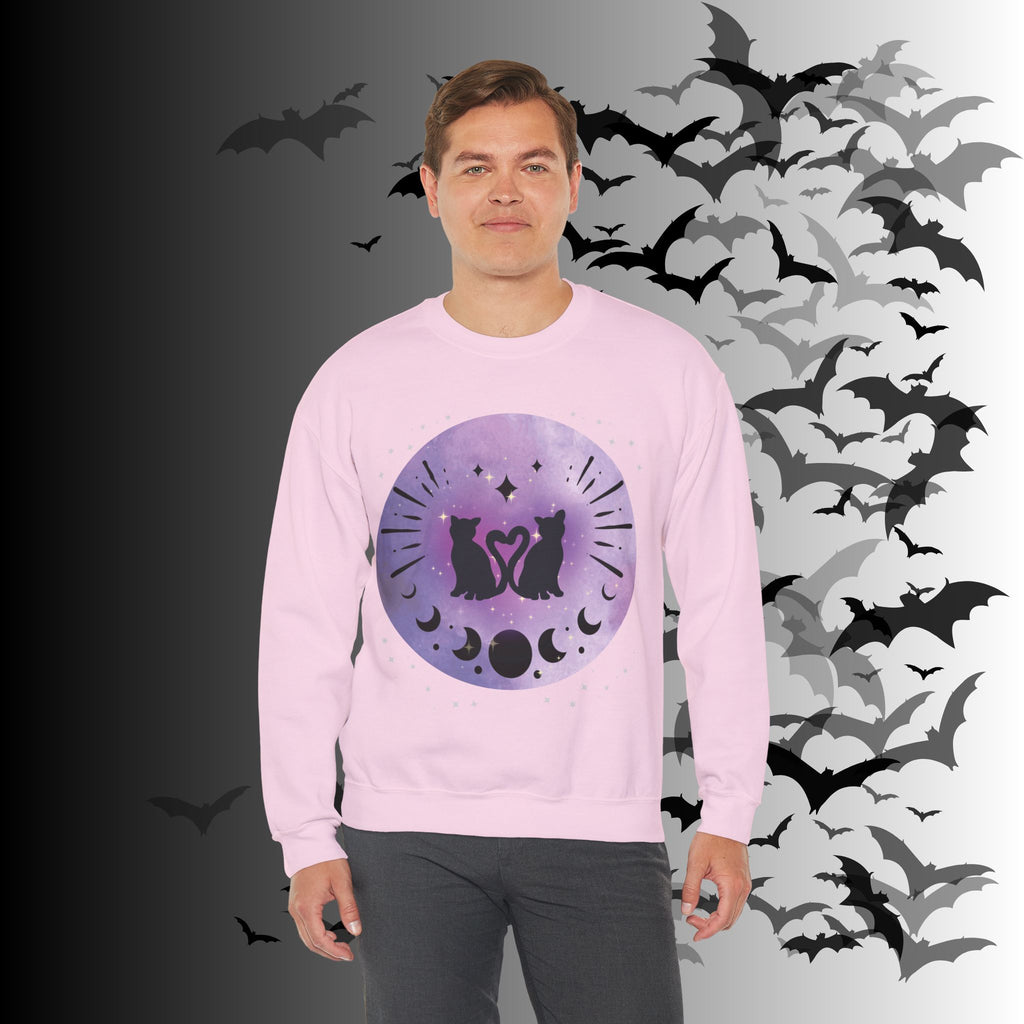 Celestial Twin Cats Heart Moon Crewneck Sweatshirt — Witchy Moon Phase